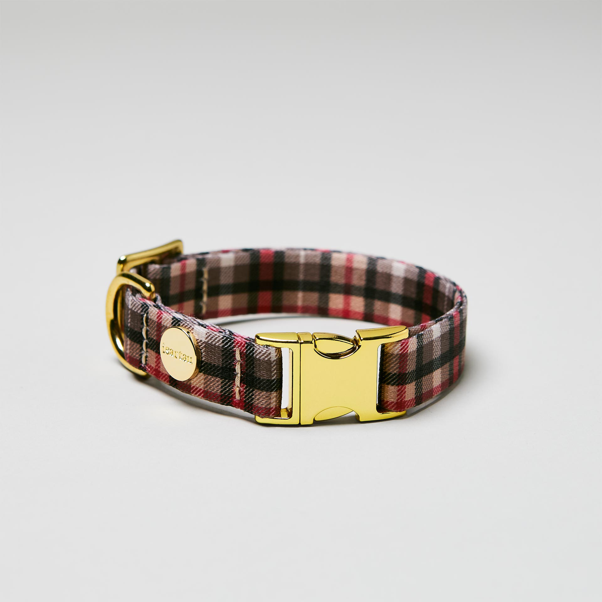 Verstellbares Welpenhalsband „Flaneur“ mit goldfarbener Schließe, Gurtband bedruckt mit Karomotiv.