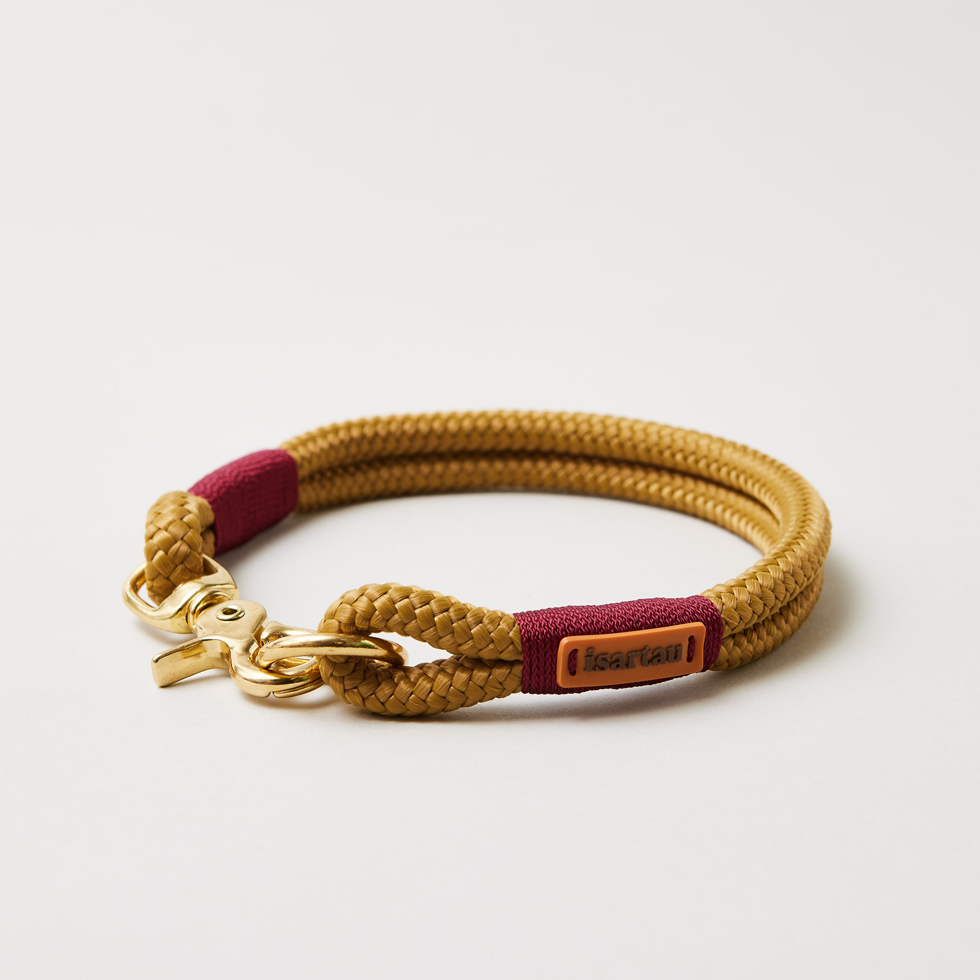 Tauhalsband feste Halsung Sweet Toffee Burgunder 10 mm goldene Beschläge karamellfarbenes Tau mit weinroter Takelung