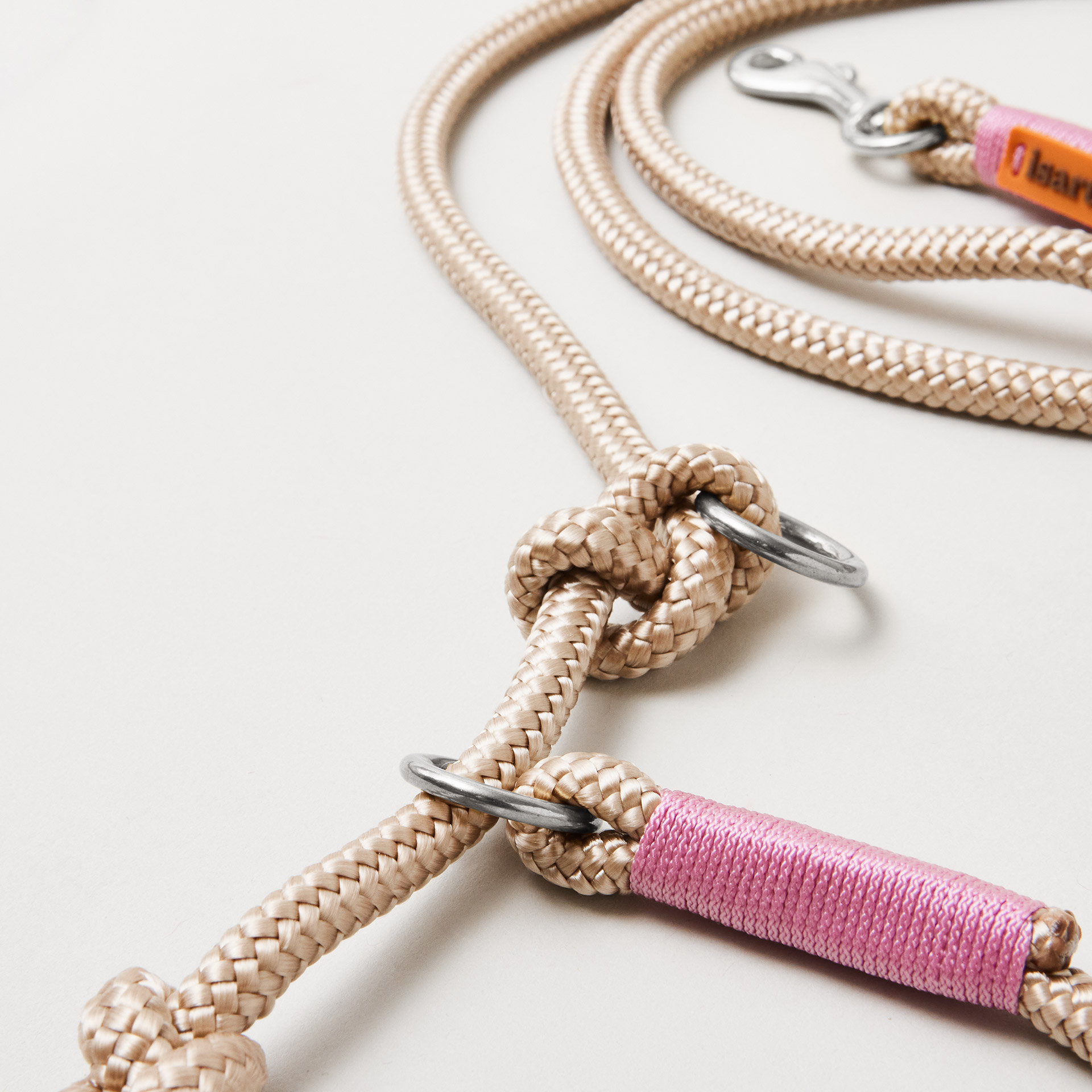 Detail Retrieverleine Wood Owl Rose mit verstellbaren Knoten für Hals- und Kopfumfang, silberne Karabiner