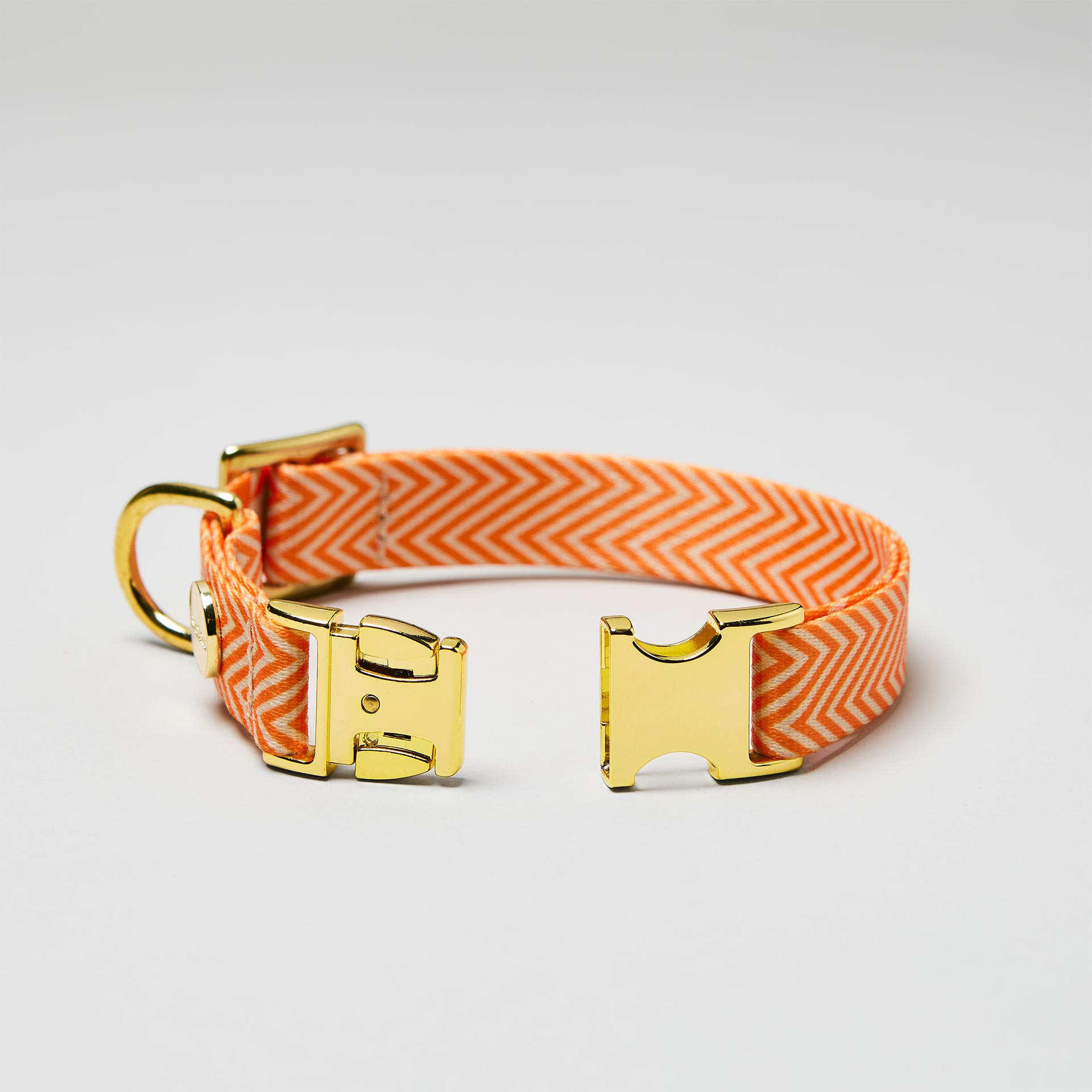 Detailaufnahme verstellbares Halsband Tänzer mit offener goldfarbener Steckschließe, Gurtband im Fischgrät Stil