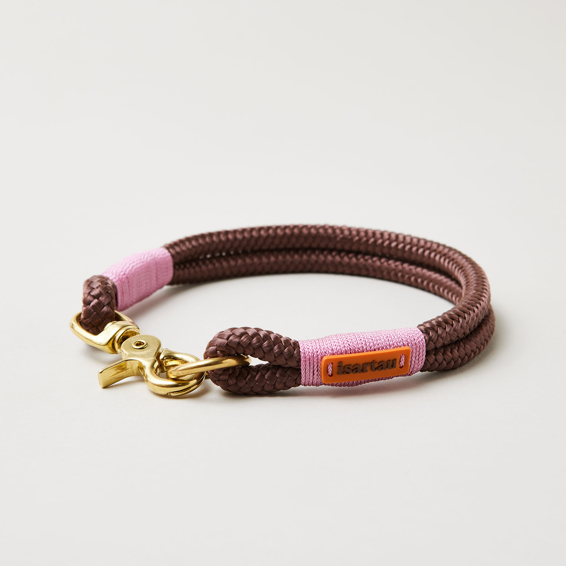 Hundehalsband aus Tau Classy Chestnut Rose 10 mm mit Messing-Beschlägen, braunes Tau mit rosa  Takelung