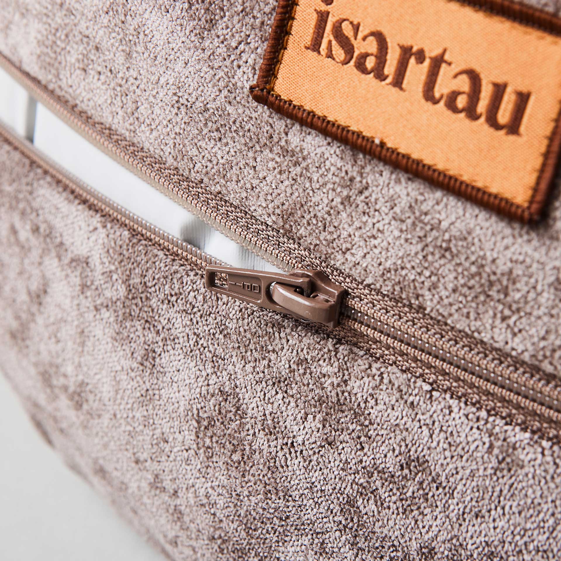 Orthopädisches Hundebett mit abziehbarem Bezug, praktischem 360 Grad Reißverschluss, Material Polsterstoff Velours Taupe