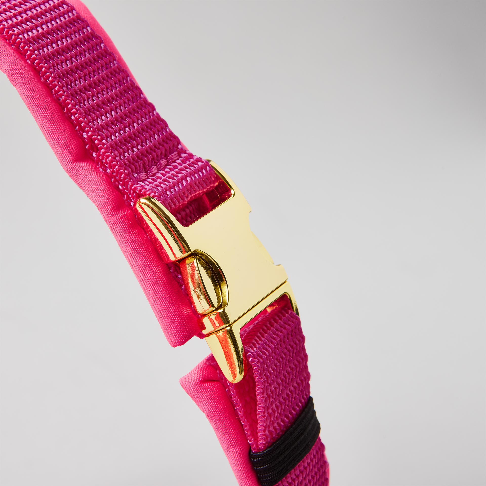 Verstellbare goldfarbene Steckschließe am Bauchgurt, neonpinkenes Hundegeschirr