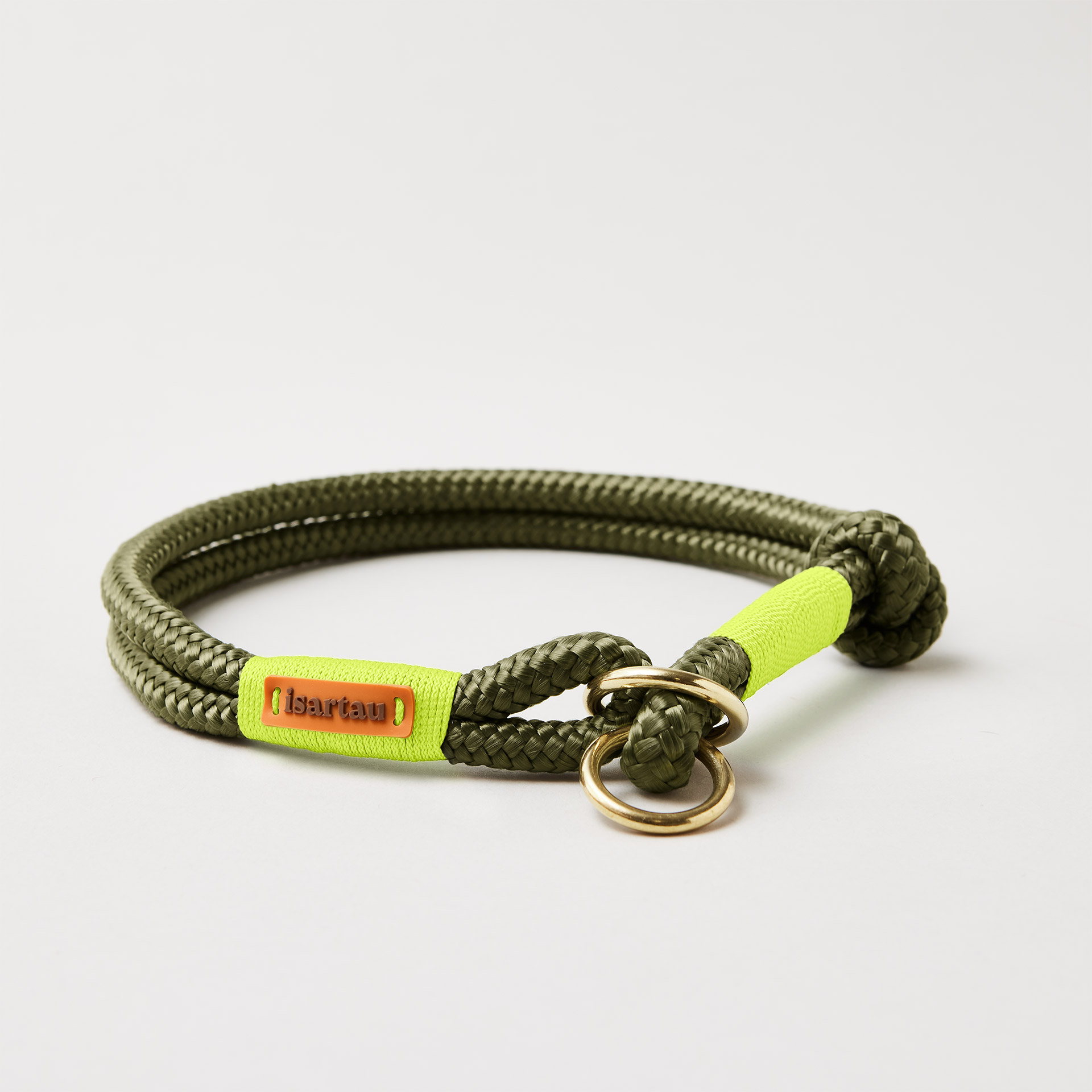 Tauhalsband Zugstopp Olive Grove Neongelb 8 und 10 mm mit Messing-Beschlägen, olivfarbenes Softtau mit neongelber Takelung