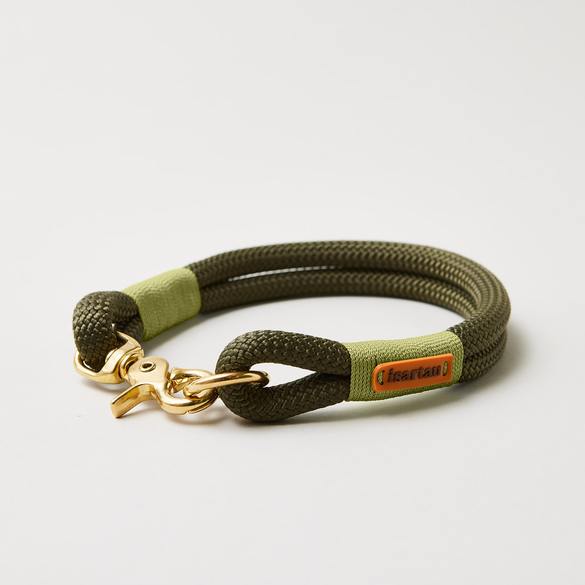 Hundehalsband Olive Grove Moos 10 mm mit Messing-Beschlägen, olivfarbenes Kletterseil mit moosgrüner Takelung