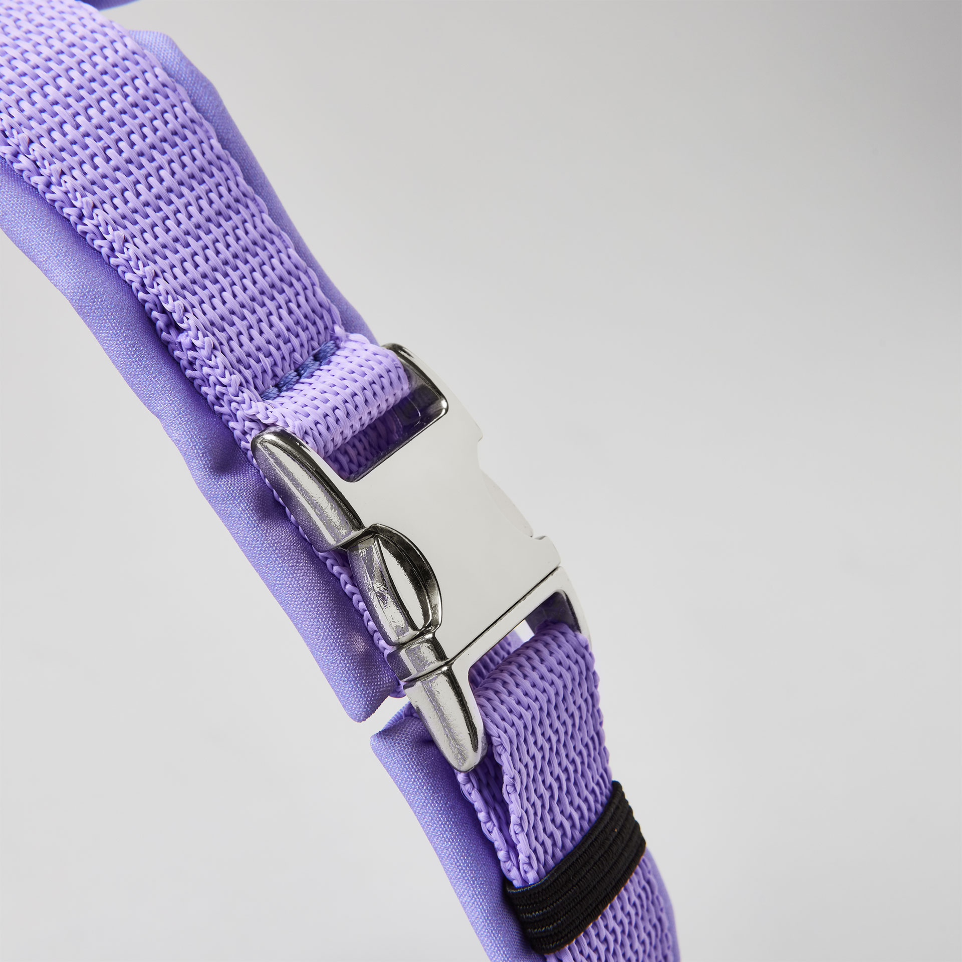 Verstellbare silberfarbene Steckschließe am Bauchgurt, lavendelfarbenes Hundegeschirr