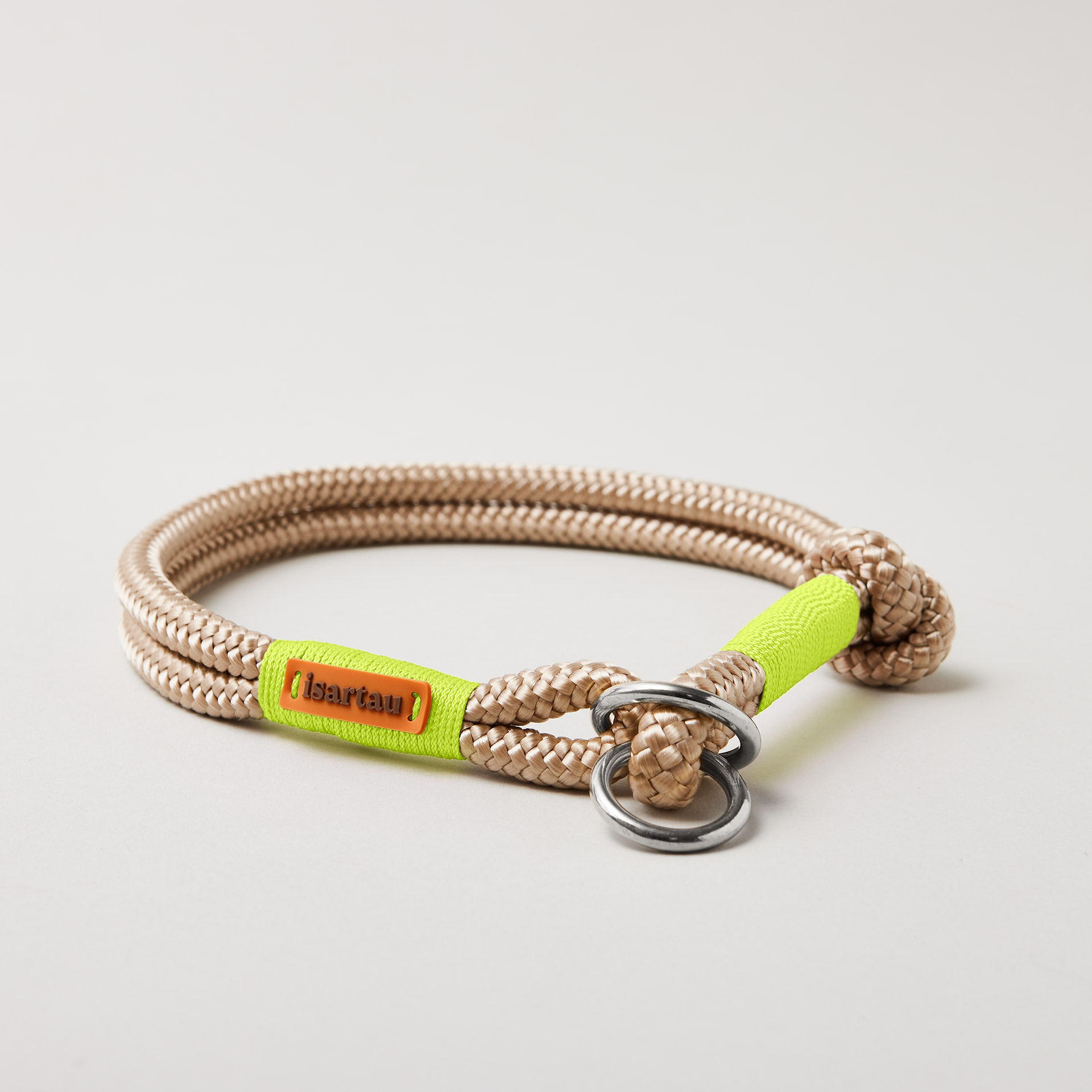 Tauhalsband Zugstopp Wood Owl Neongelb 8 und 10 mm mit silberfarbenen Beschlägen, beiges Tau mit neongelber Takelung