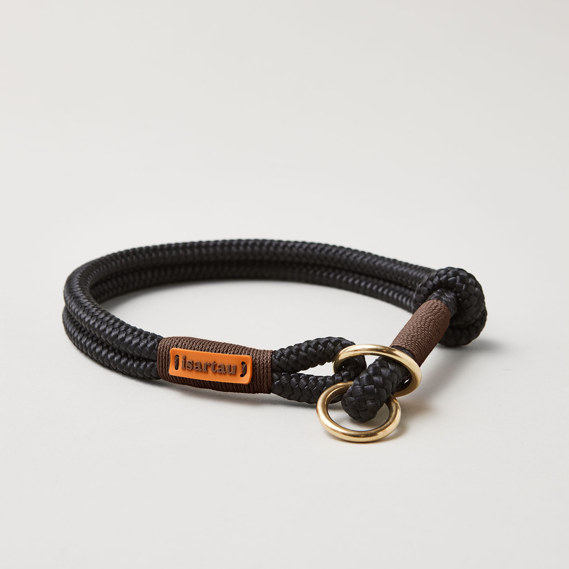 Tauhalsband Zugstopp Black Mamba Dunkelbraun 8 und 10 mm mit Messing-Beschlägen, schwarzes Tau mit dunkelbrauner Takelung