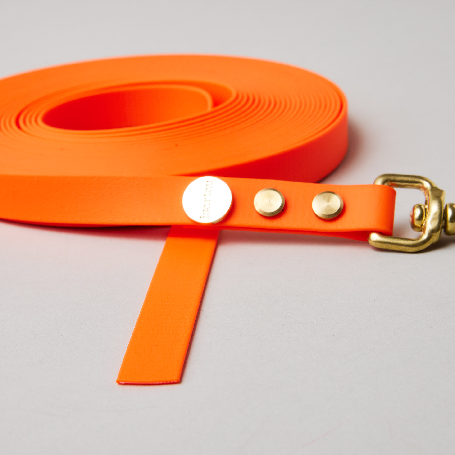 Schleppleine aus neonorangener Biothane, Verarbeitung mit hochwertigen Buchschrauben, ohne Handschlaufe, Messing