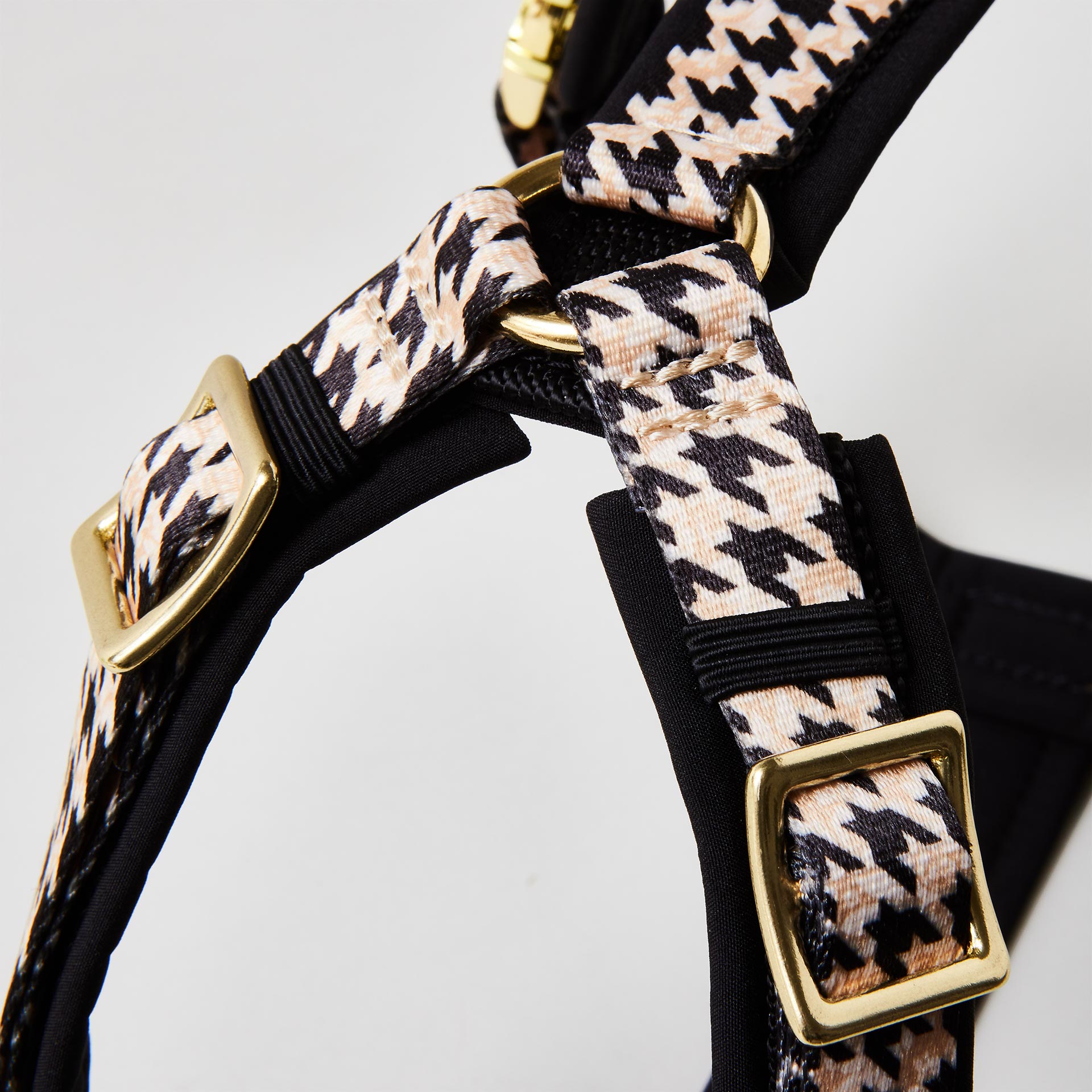 Detail verstellbares gepolstertes Hundegeschirr Stadtgeflüster mit goldfarbenem Gurtbandschieber zur Größenanpassung