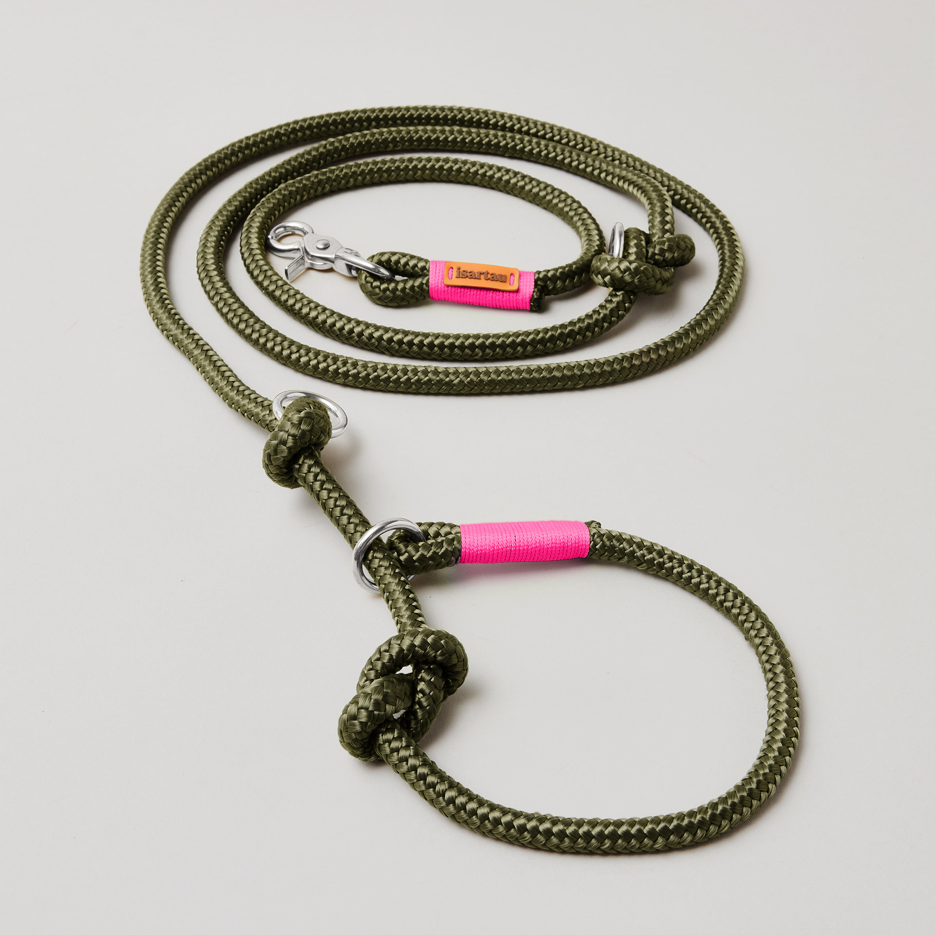 Retrieverleine aus Tau Olive Grove Neonpink, Halsung mit integrierter Leine, silberne Karabiner, 2-fach längenverstellbar, erhältlich in 8 und 10 mm