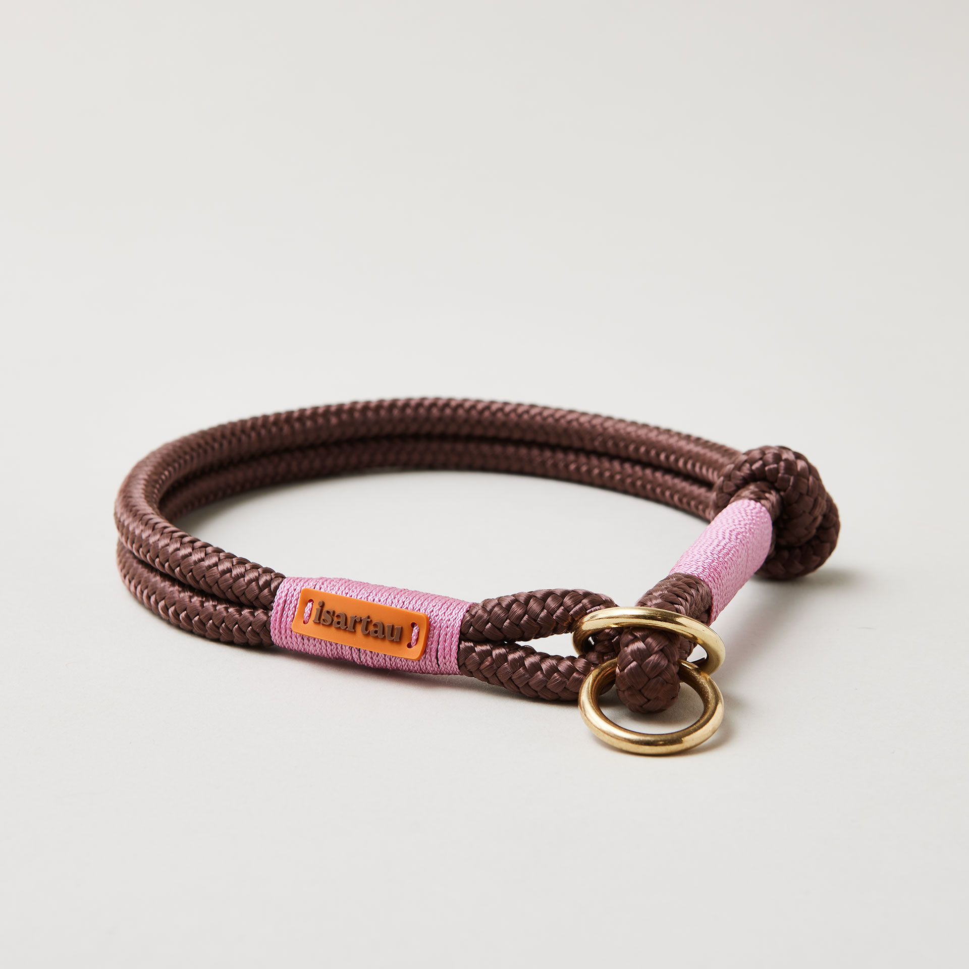 Tauhalsband Zugstopp Classy Chestnut Rose 8 und 10 mm mit Messing-Beschlägen, braunes Tau mit rosafarbener Takelung