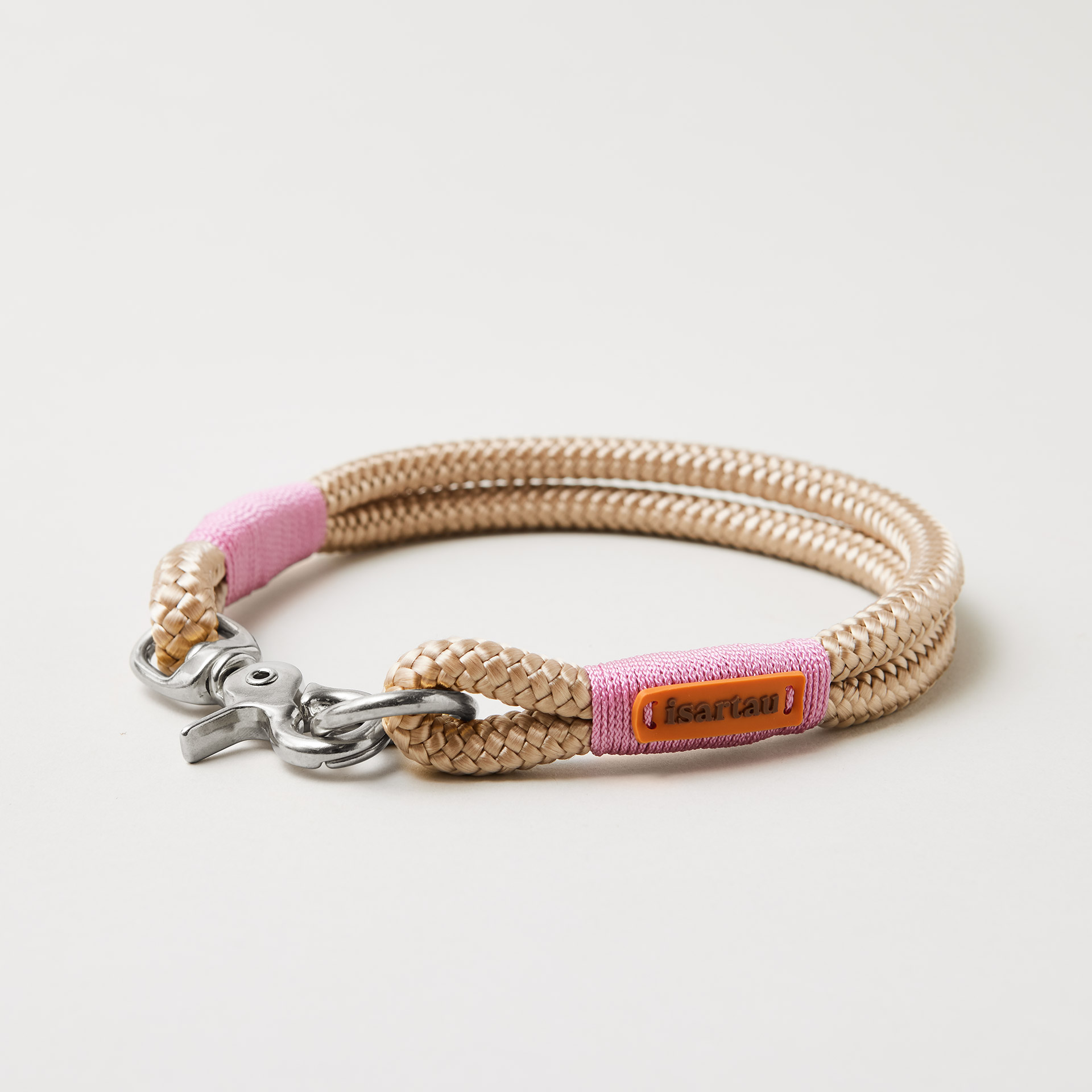 Tauhalsband Feste Halsung Wood Owl Rose, 10 mm mit silberfarbenen Beschlägen, beiges Tau mit rosa Takelung
