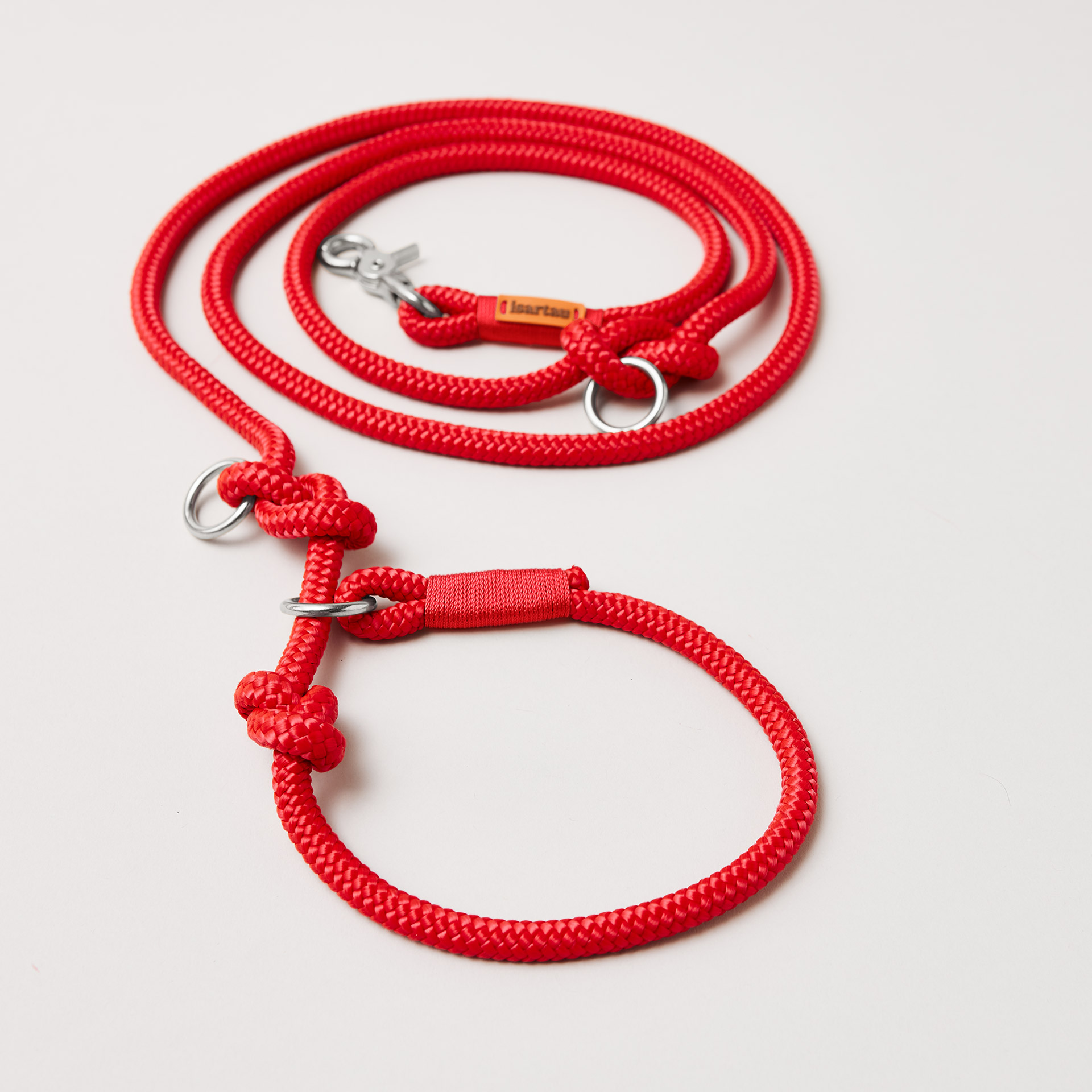 Retrieverleine Red Fairy Rot, Halsung mit integrierter Leine, silberne Karabiner, 2-fach längenverstellbar, erhältlich in 8 und 10 mm