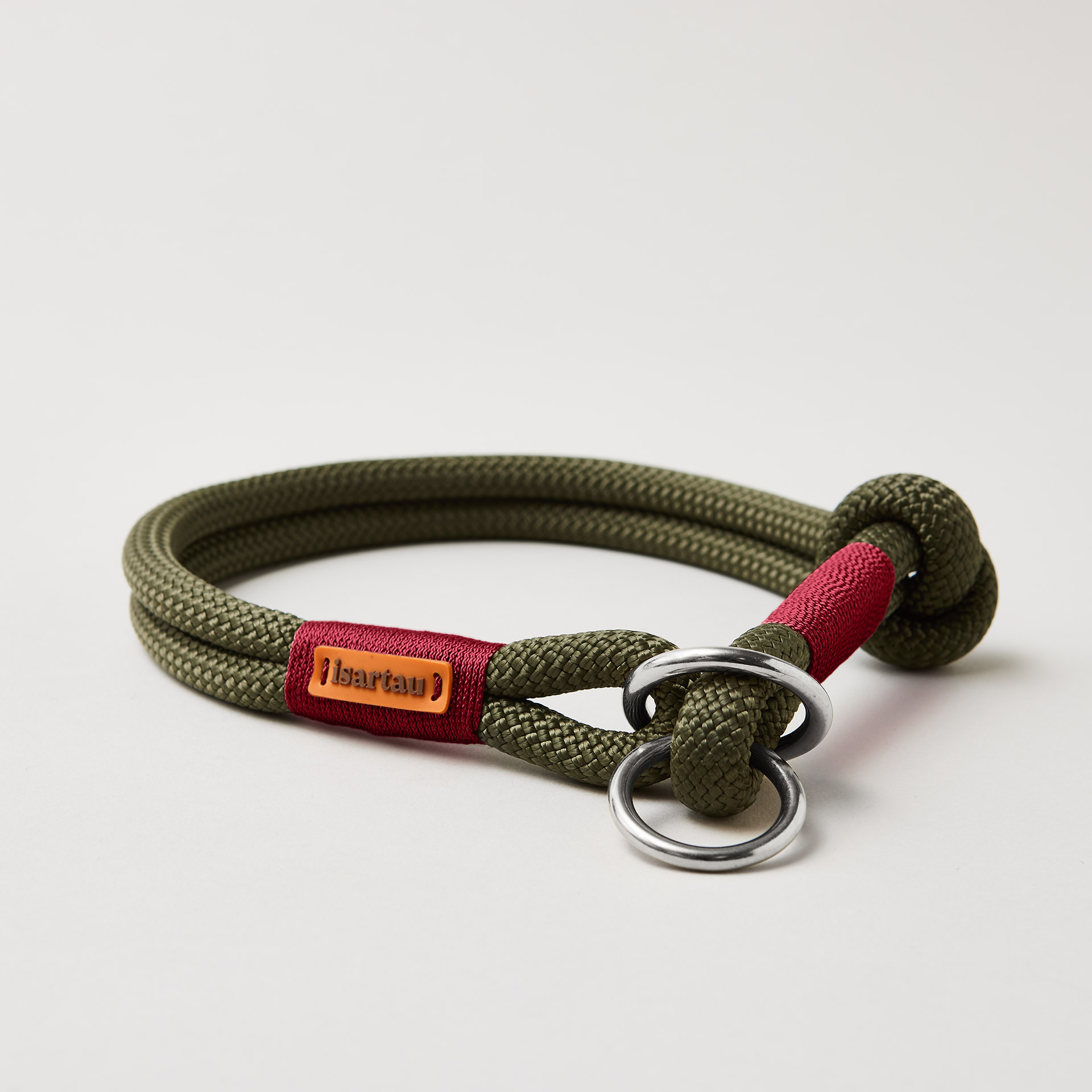 Tauhalsband Zugstopp Olive Grove Burgunder 10 mm mit silberfarbenen Beschlägen, olivfarbenes Kletterseil mit burgunderfarbener Takelung