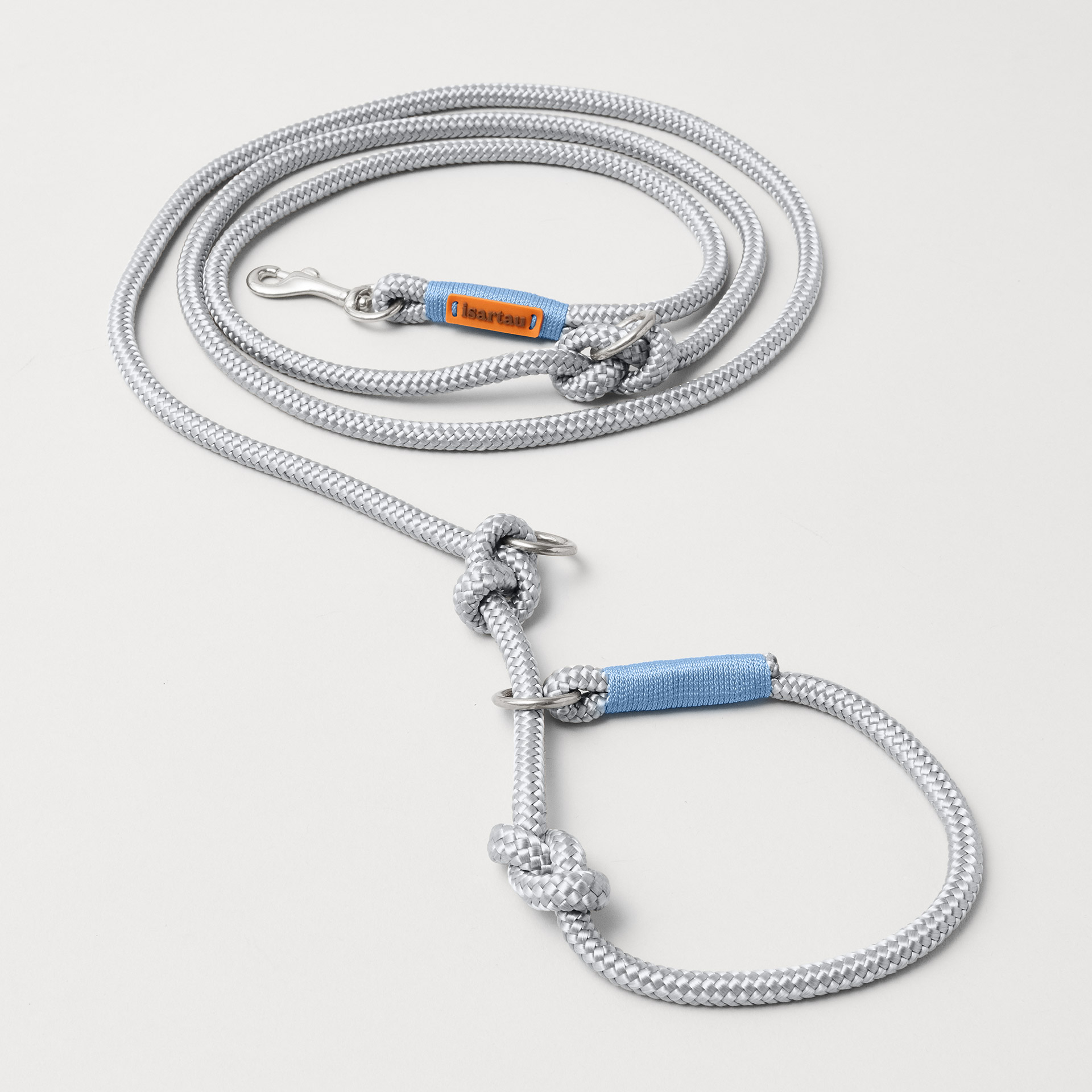 Graue Retrieverleine Pebble Stone mit Hellblau, silber, 8 mm, verstellbare Knoten