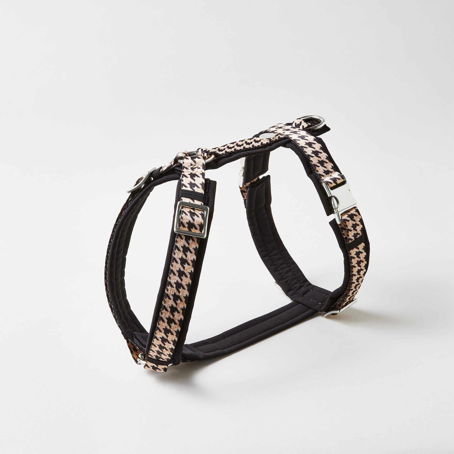 Gepolstertes Y-Hundegeschirr Stadtgeflüster mit Hahnentrittmotiv verstellbaren Schiebern und silberfarbenen Steckschließen