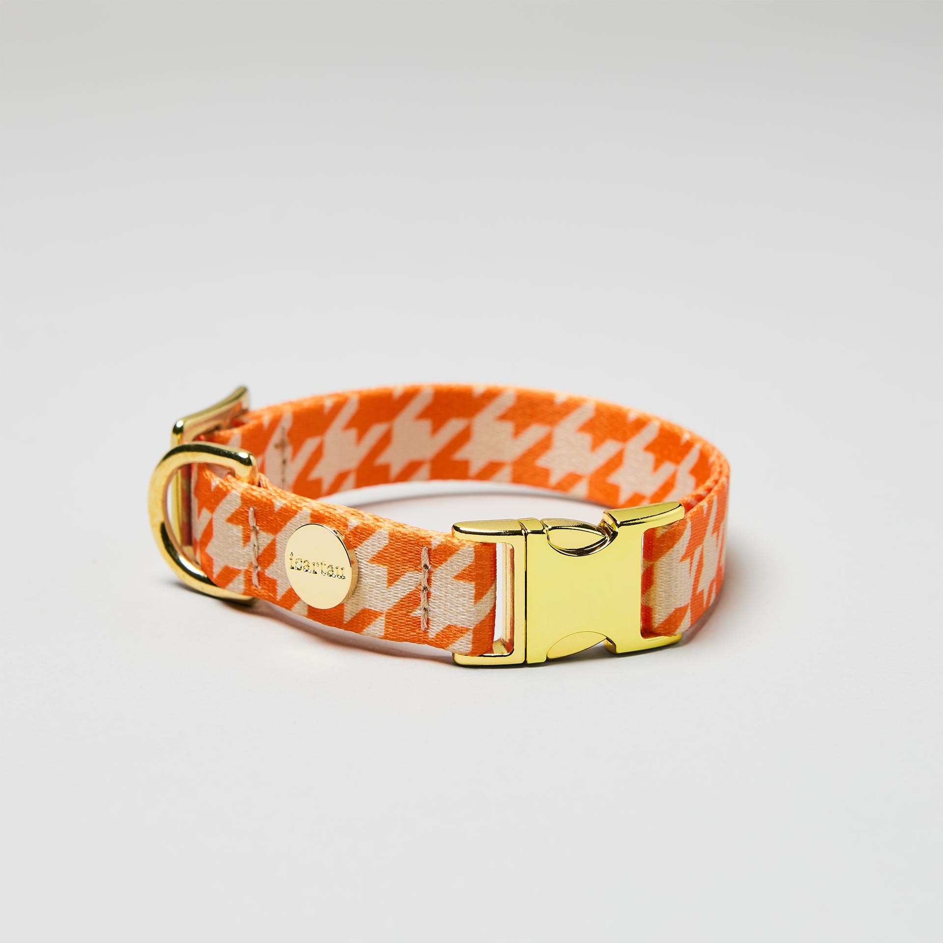 Verstellbares Halsband Wandler goldfarbene Schließe, Gurtband im Hahnentritt Stil Beige Orange