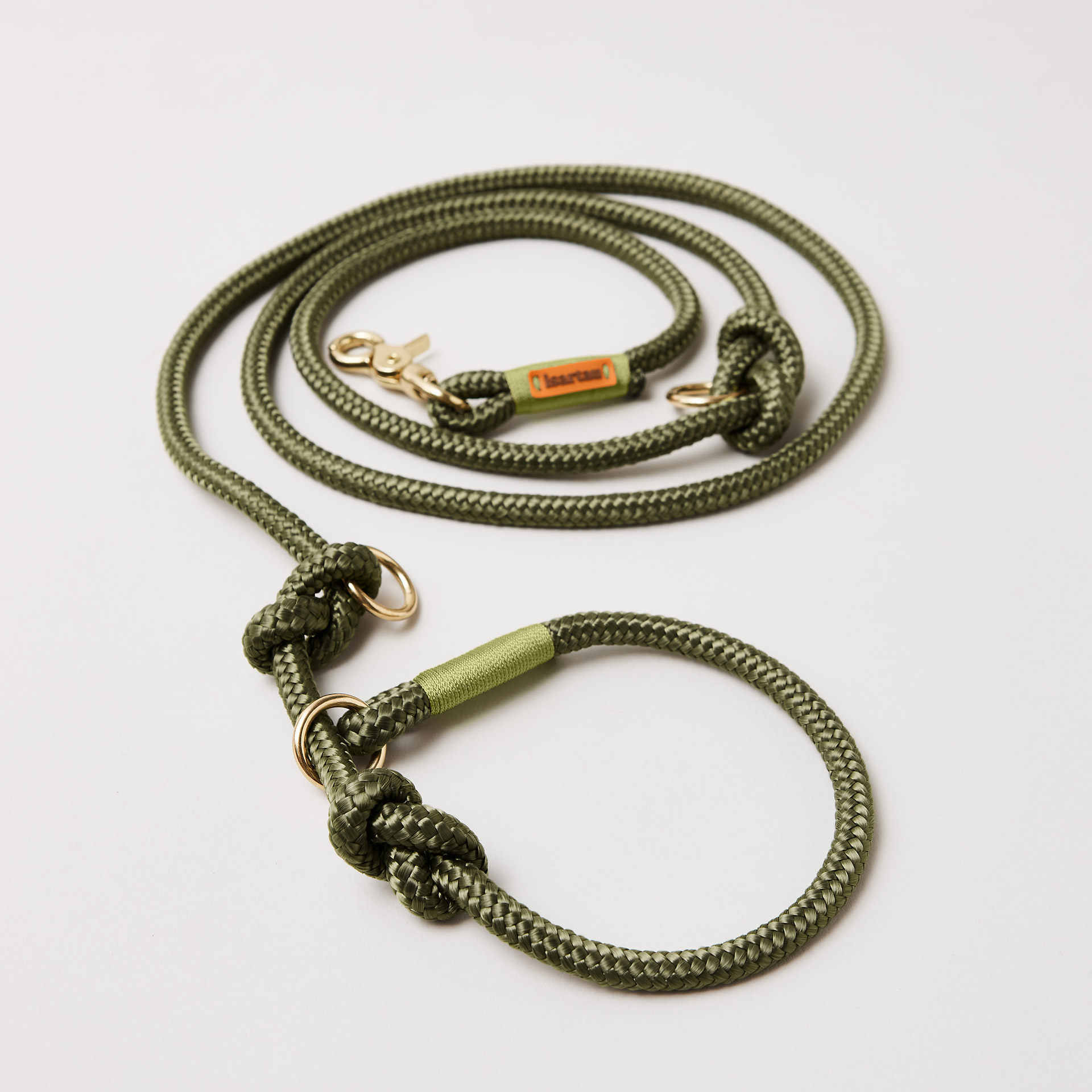 Retrieverleine aus Tau Olive Grove Moos, Halsung mit integrierter Leine, goldene Messingkarabiner, 2-fach längenverstellbar, erhältlich in 8 und 10 mm