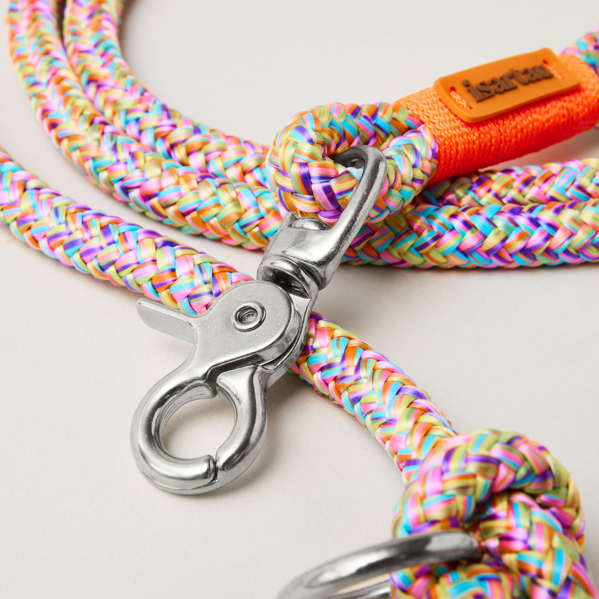 Detail bunte Hundeleine Easy Summer Neonorange, silberner Scherenkarabiner