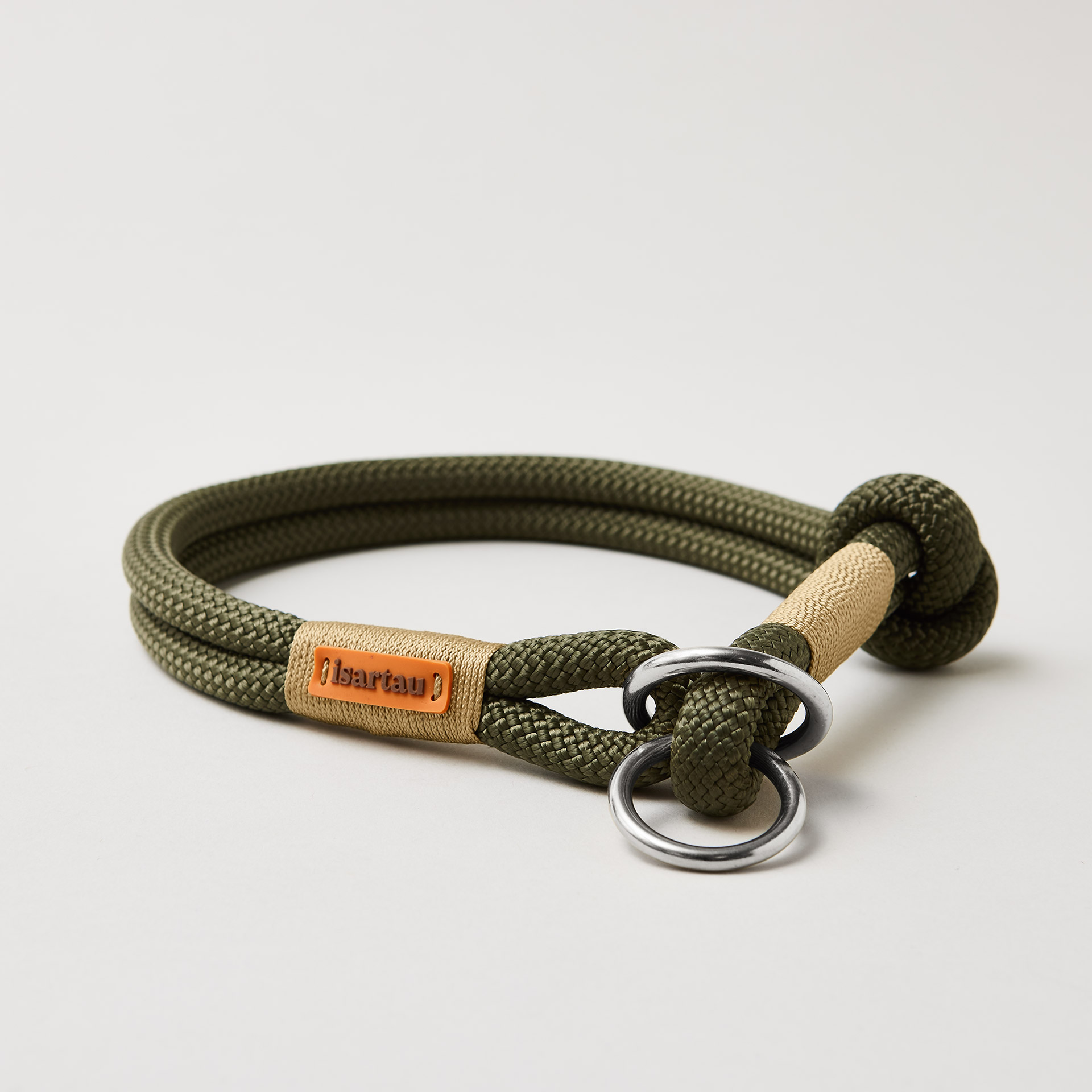 Tauhalsband Zugstopp Olive Grove Gold in 10 mm mit silberfarbenen Beschlägen, olivgrünes Kletterseil mit goldfarbener Takelung