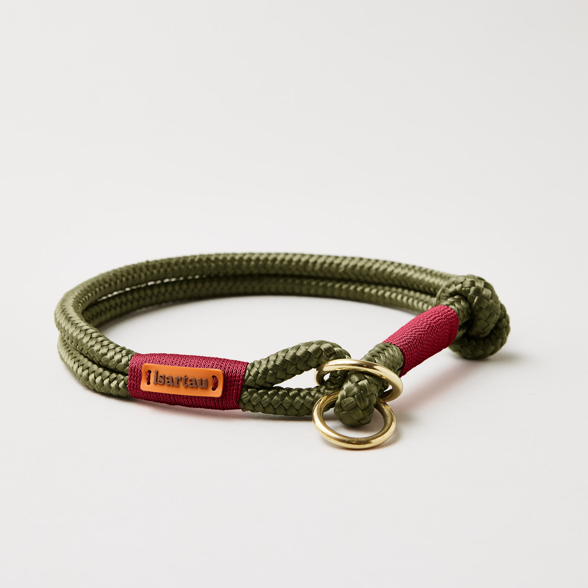 Tauhalsband Zugstopp Olive Grove Burgunder 8 und 10 mm mit Messing-Beschlägen, olivfarbenes Softtau mit burgunderfarbener Takelung