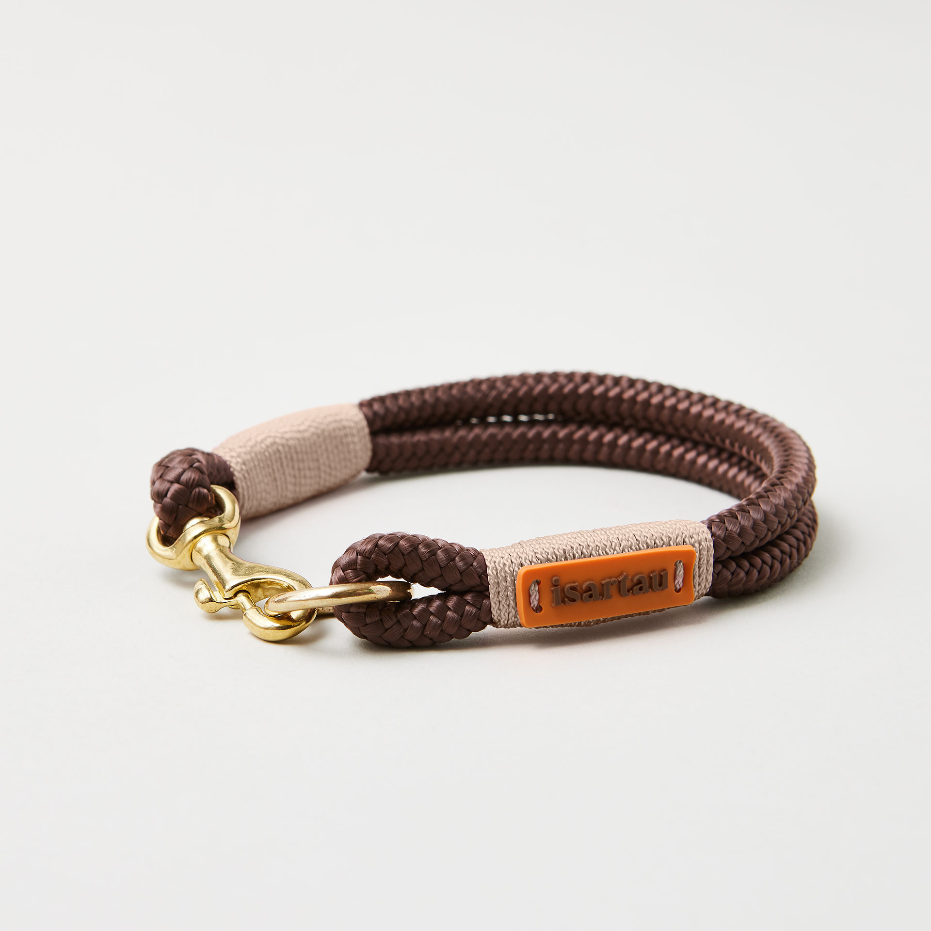 Tauhalsband Feste Halsung Classy Chestnut Beige 8 mm, Messing-Beschläge, braunes Tau mit beiger Takelung