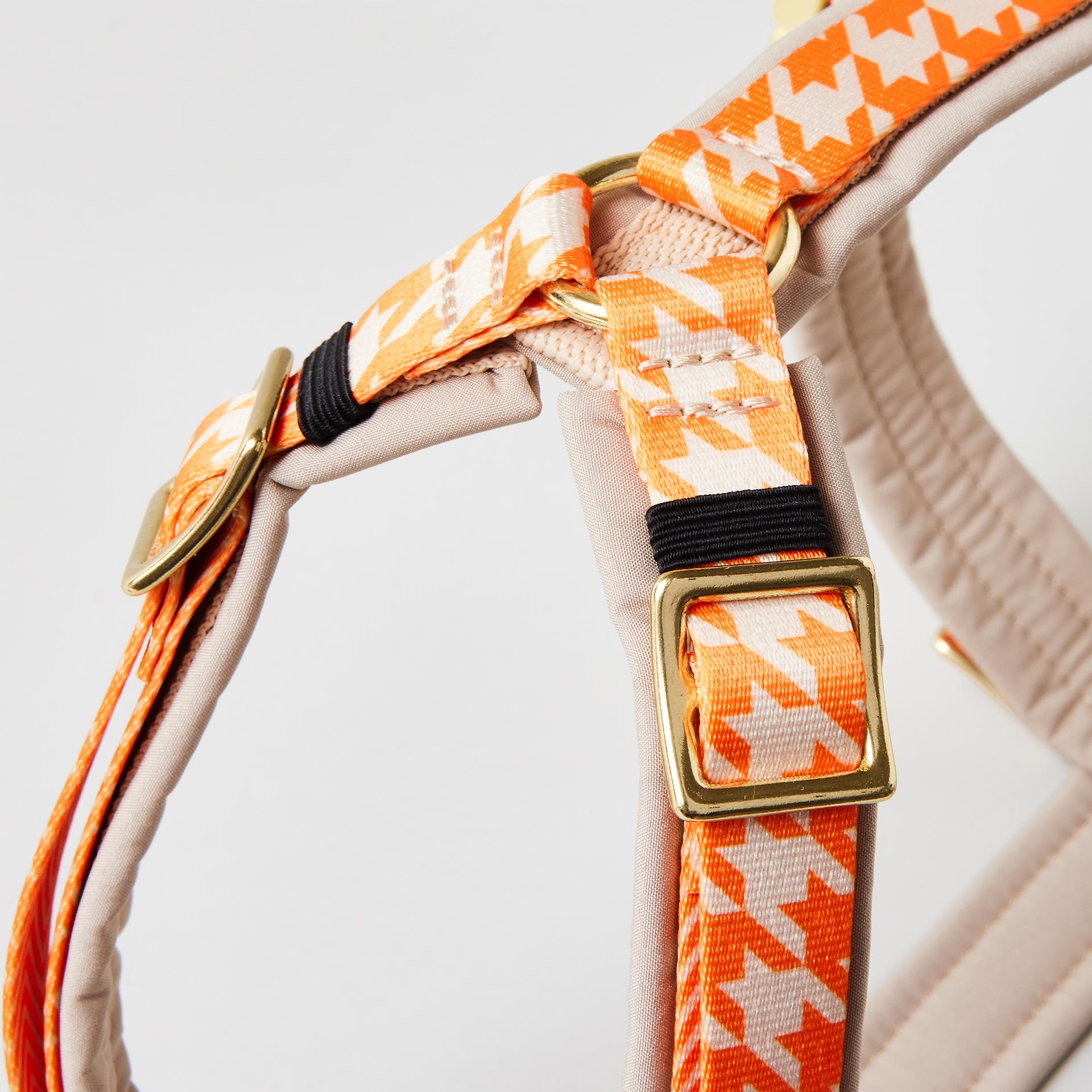 Detail gepolstertes Hundegeschirr Wandler mit goldfarbener Steckschließe zum Öffnen und Schließen