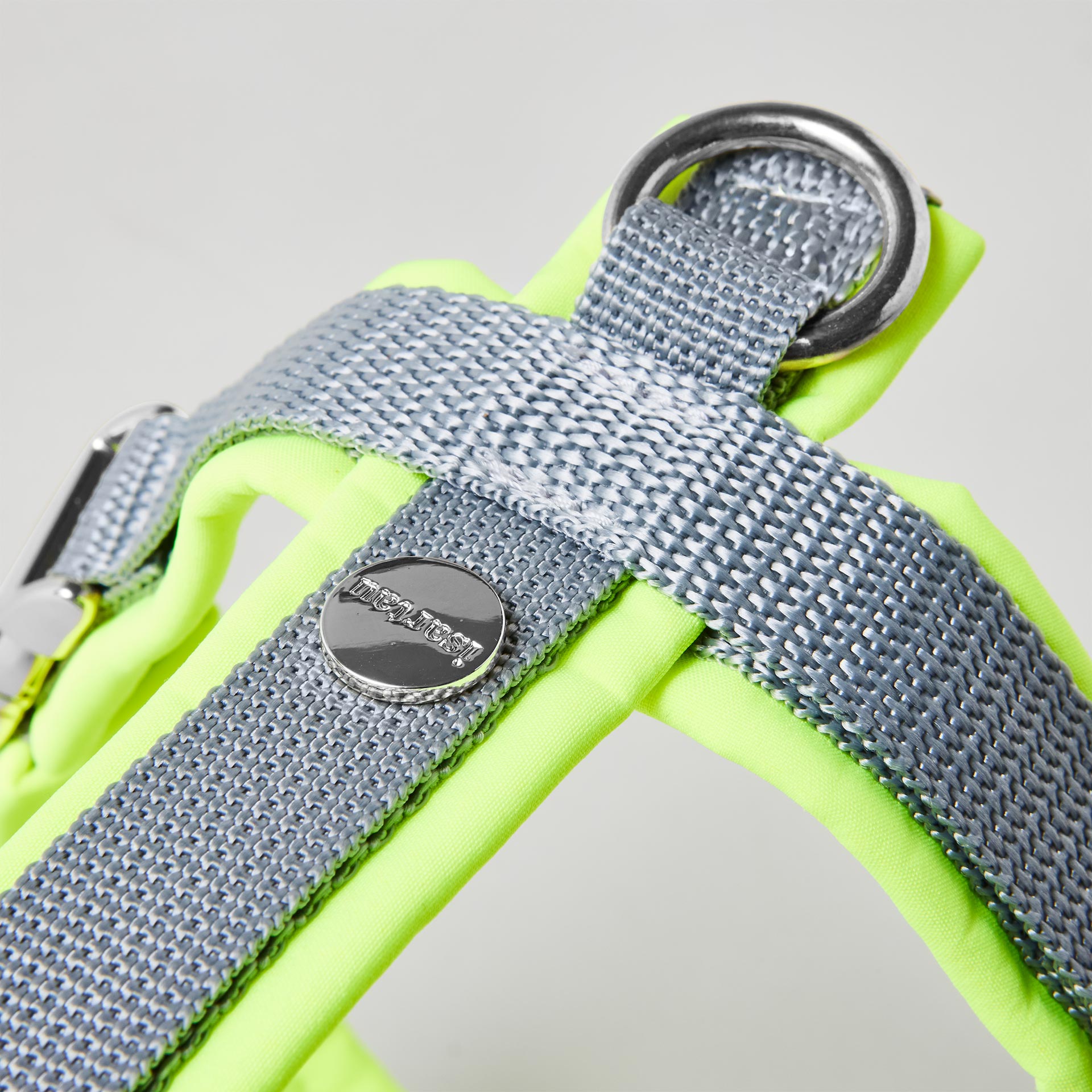 Rückenstück des zweifarbigen Hundegeschirrs Softie Neongelb Grau mit neongelber Polsterung, grauem Gurtband, gepolstertem O-Ring und Logo-Niete, silberfarben