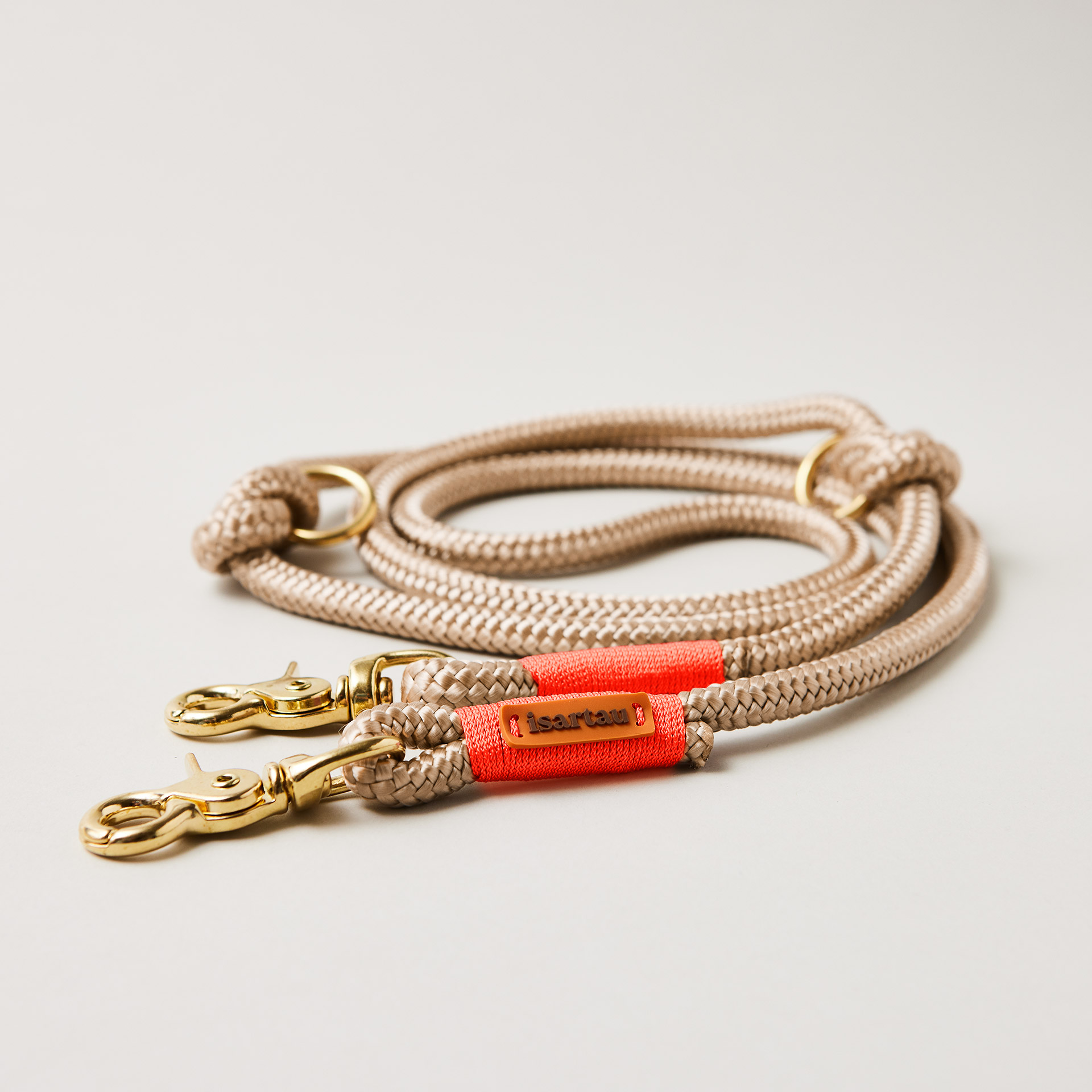 Hundeleine Wood Owl Neonorange, 10 mm, verstellbar mit Messing-Karabinern, beiges Tau mit neonoranger Takelung, längenverstellbar