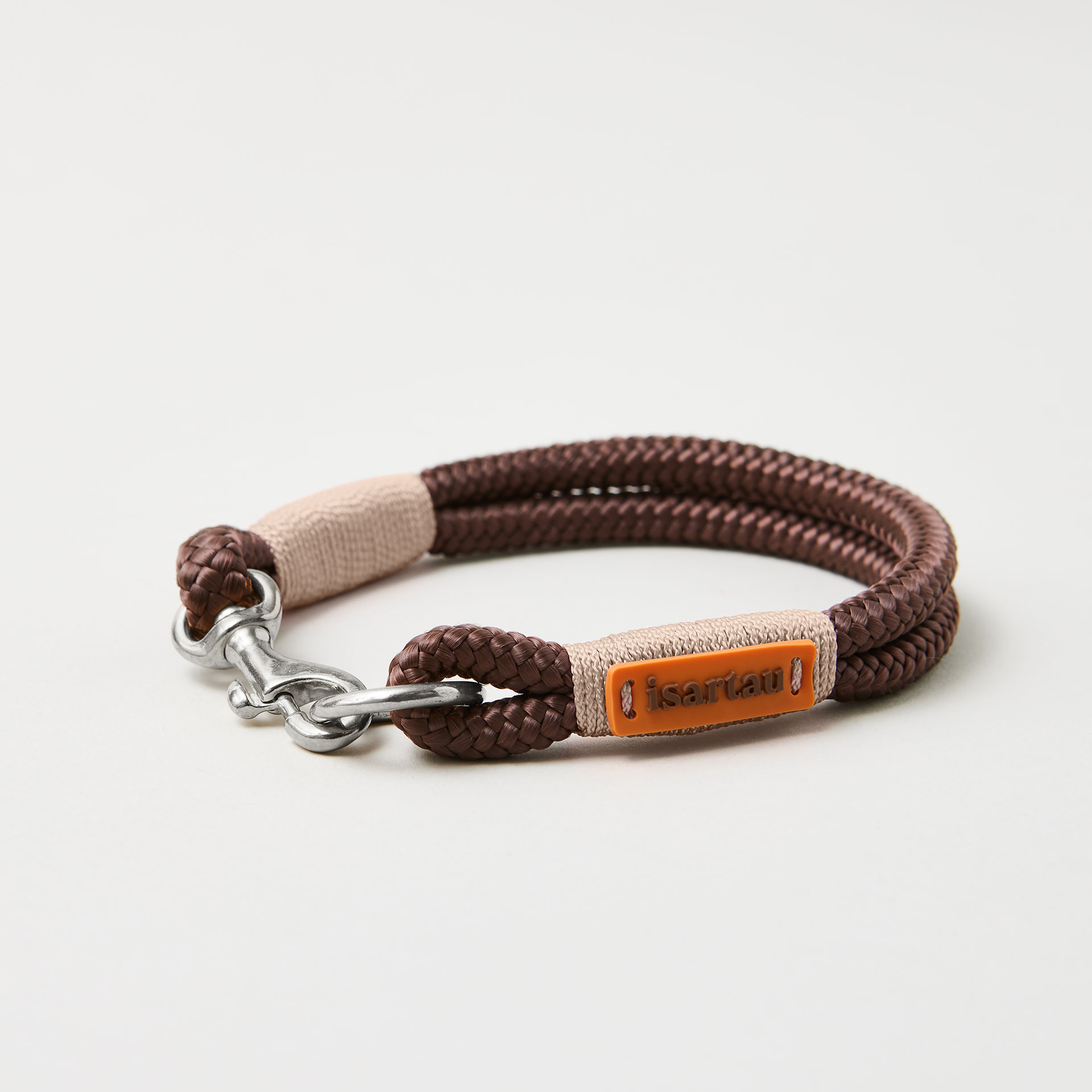 Tauhalsband Feste Halsung Classy Chestnut Beige 8 mm, silberfarbene Beschläge, braunes Tau mit beiger Takelung