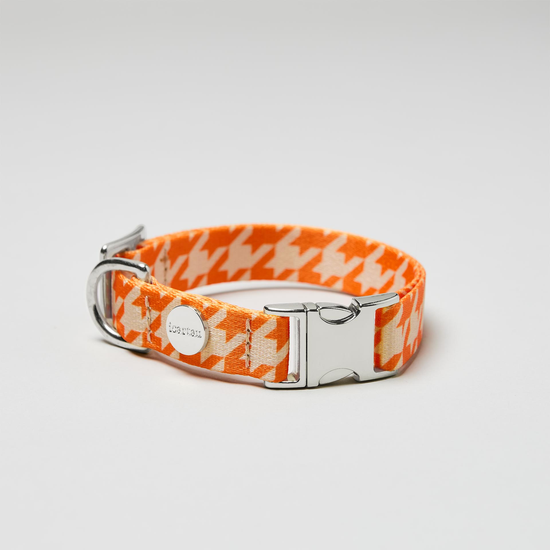 Verstellbares Halsband Wandler silberfarbene Schließe, Gurtband mit Hahnentritt Muster Beige Orange