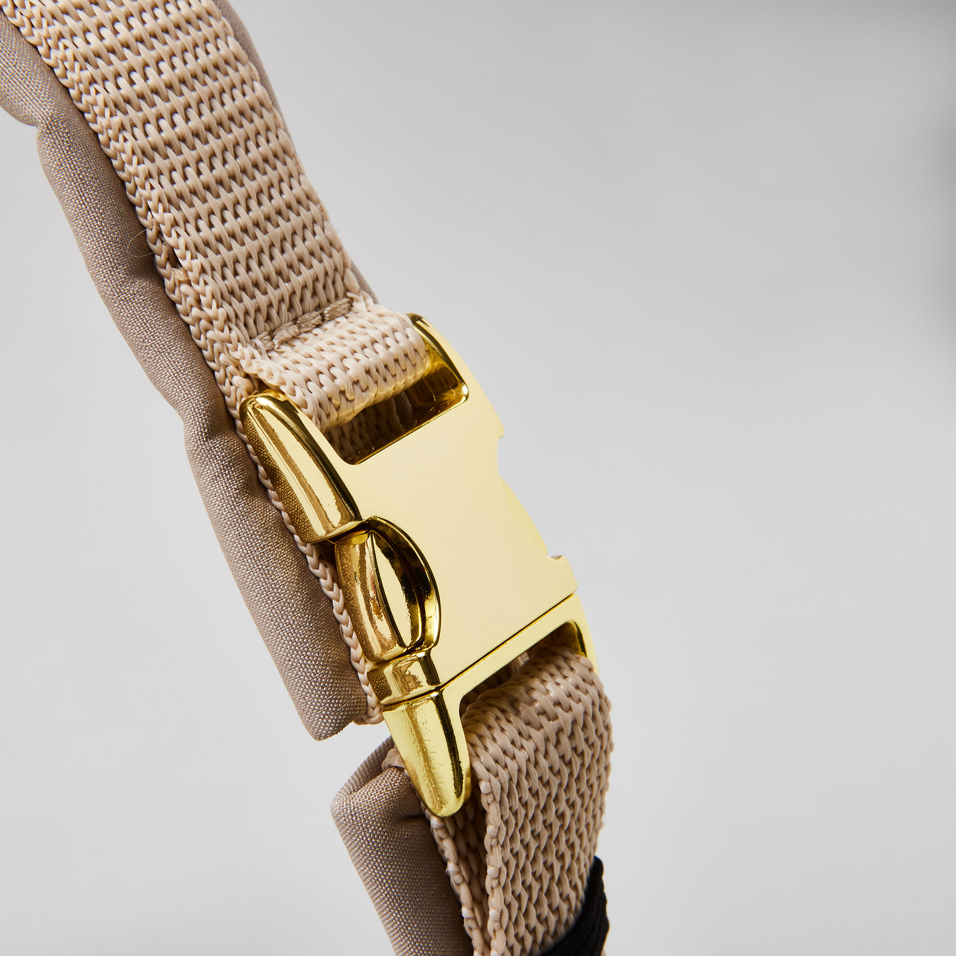 Goldfarbene Steckschließe am beigen Hundegeschirr