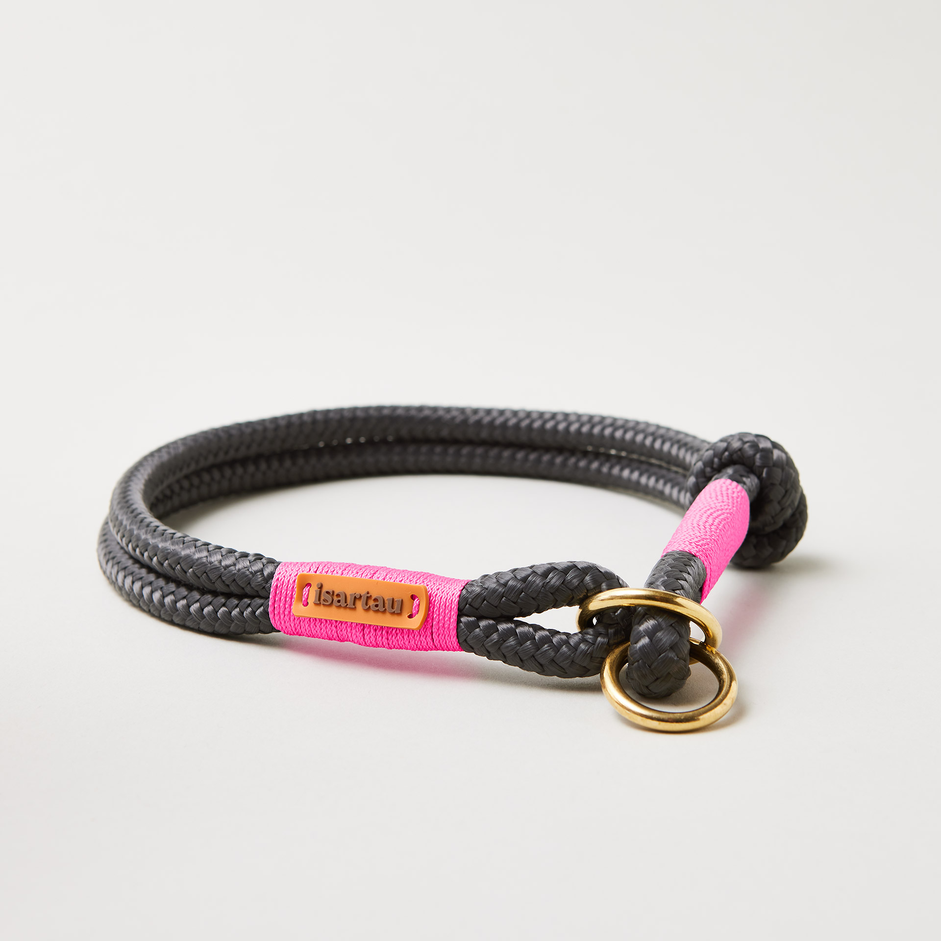 Tauhalsband Zugstopp Heavens Rock 8 und 10 mm mit Messing-Beschlägen, dunkelgraues Tau mit neonpinker Takelung