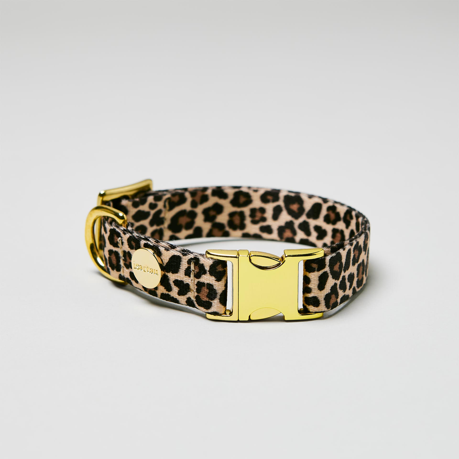 Verstellbares Halsband Leo goldfarbene Schließe, Gurtband im Leoprint Design