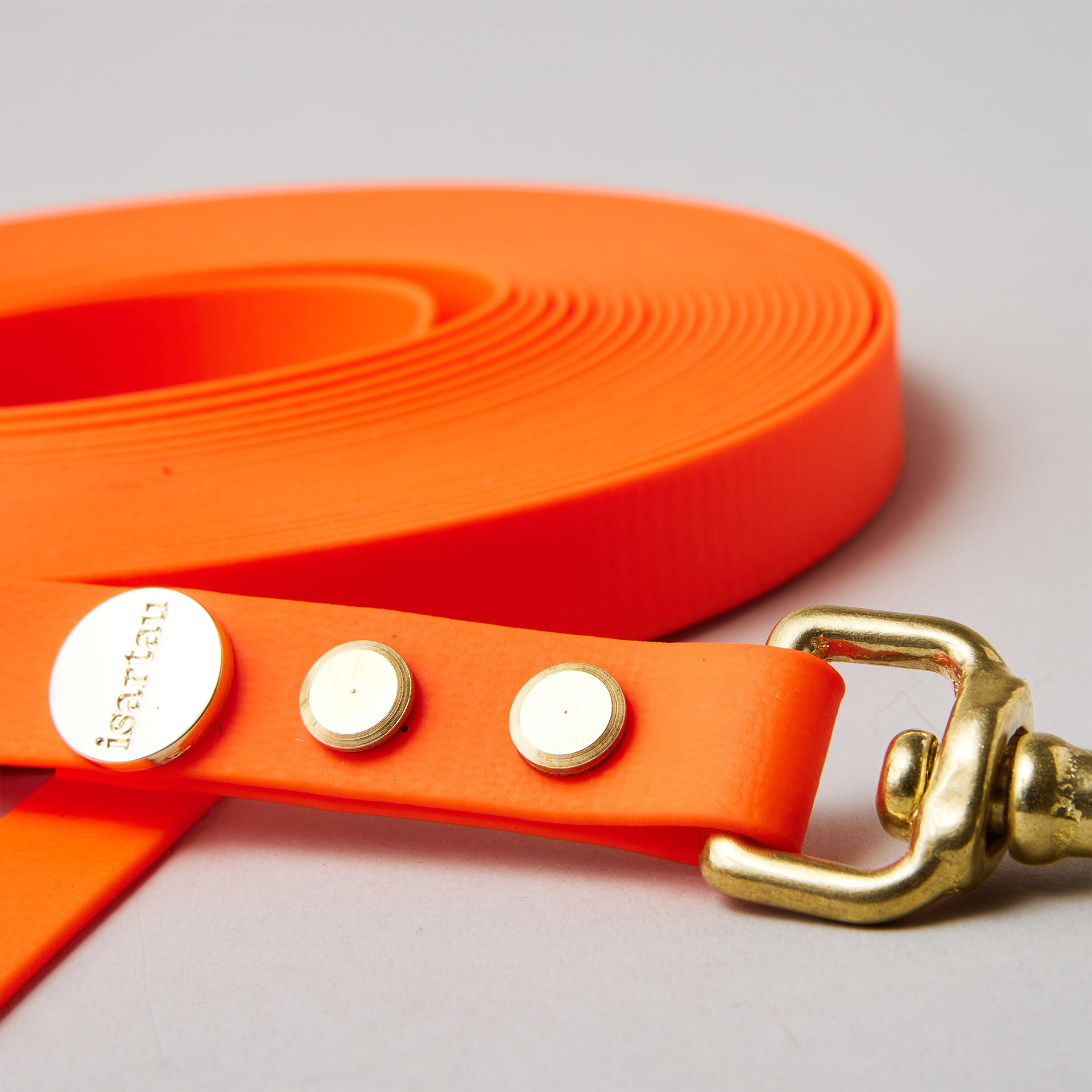 Schleppleine aus neonorangener Biothane, Verarbeitung mit hochwertigen Buchschrauben, Messing