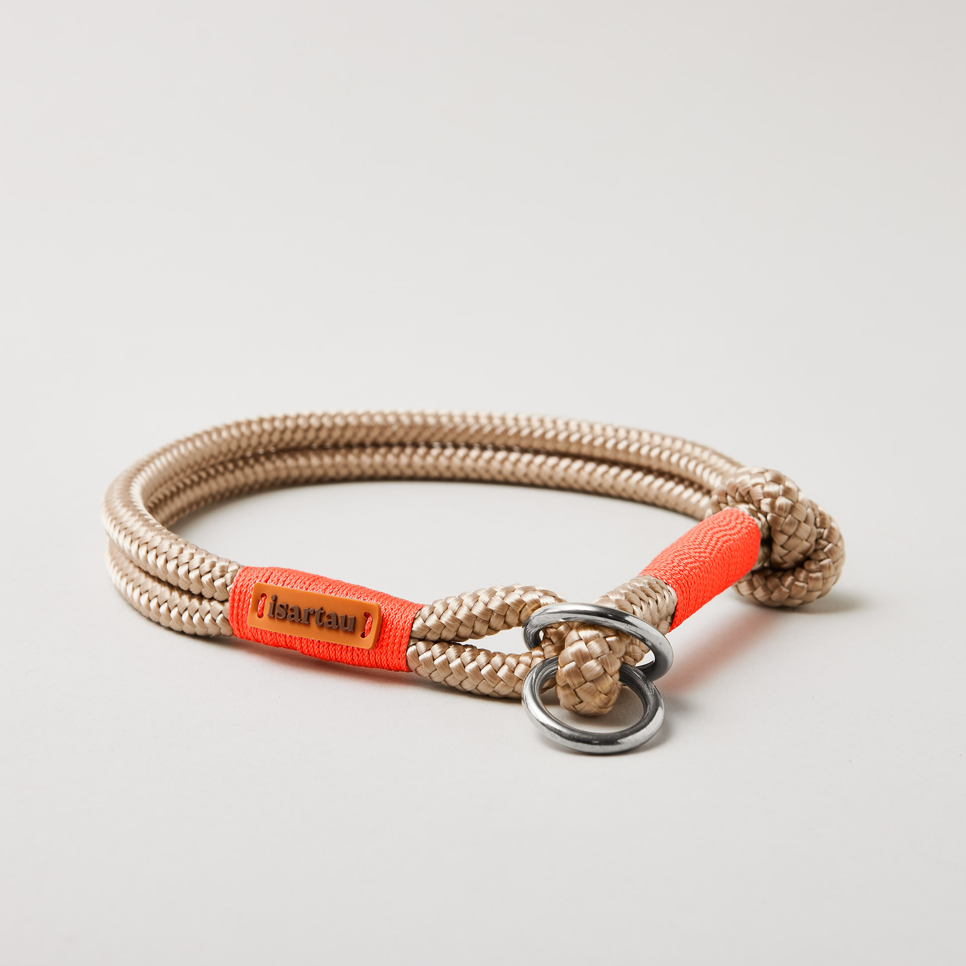 Tauhalsband Zugstopp Wood Owl Neonorange 8 und 10 mm mit silberfarbenen Beschlägen, beiges Tau mit neonoranger Takelung