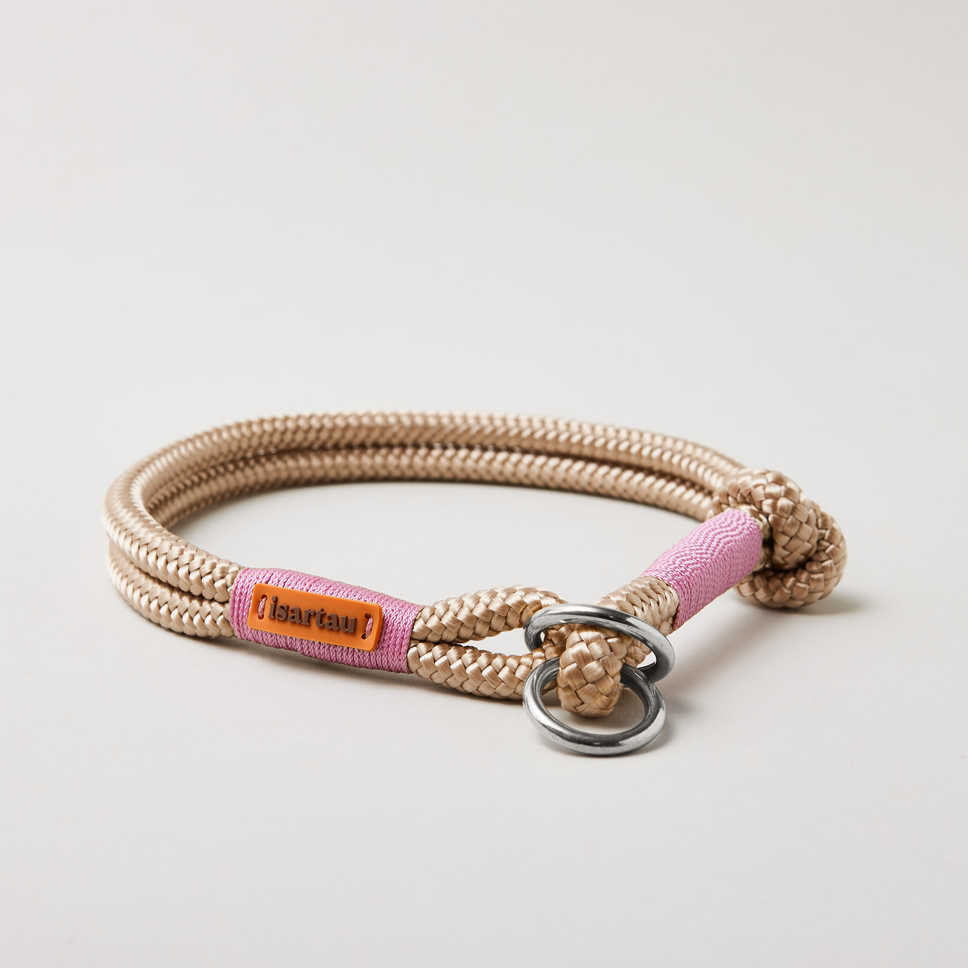 Tauhalsband Zugstopp Wood Owl Rose 8 und 10 mm mit silberfarbenen Beschlägen, beiges Tau mit rosafarbener Takelung