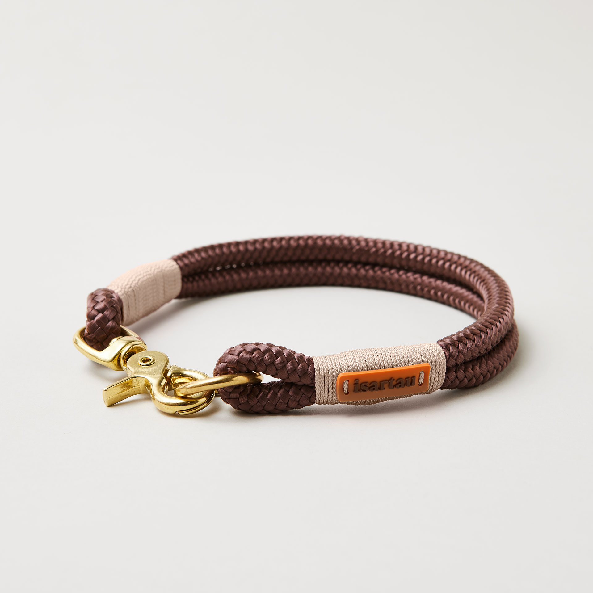 Hundehalsband aus Tau Classy Chestnut Beige 10 mm mit Messing-Beschlägen, braunes Tau mit beiger Takelung