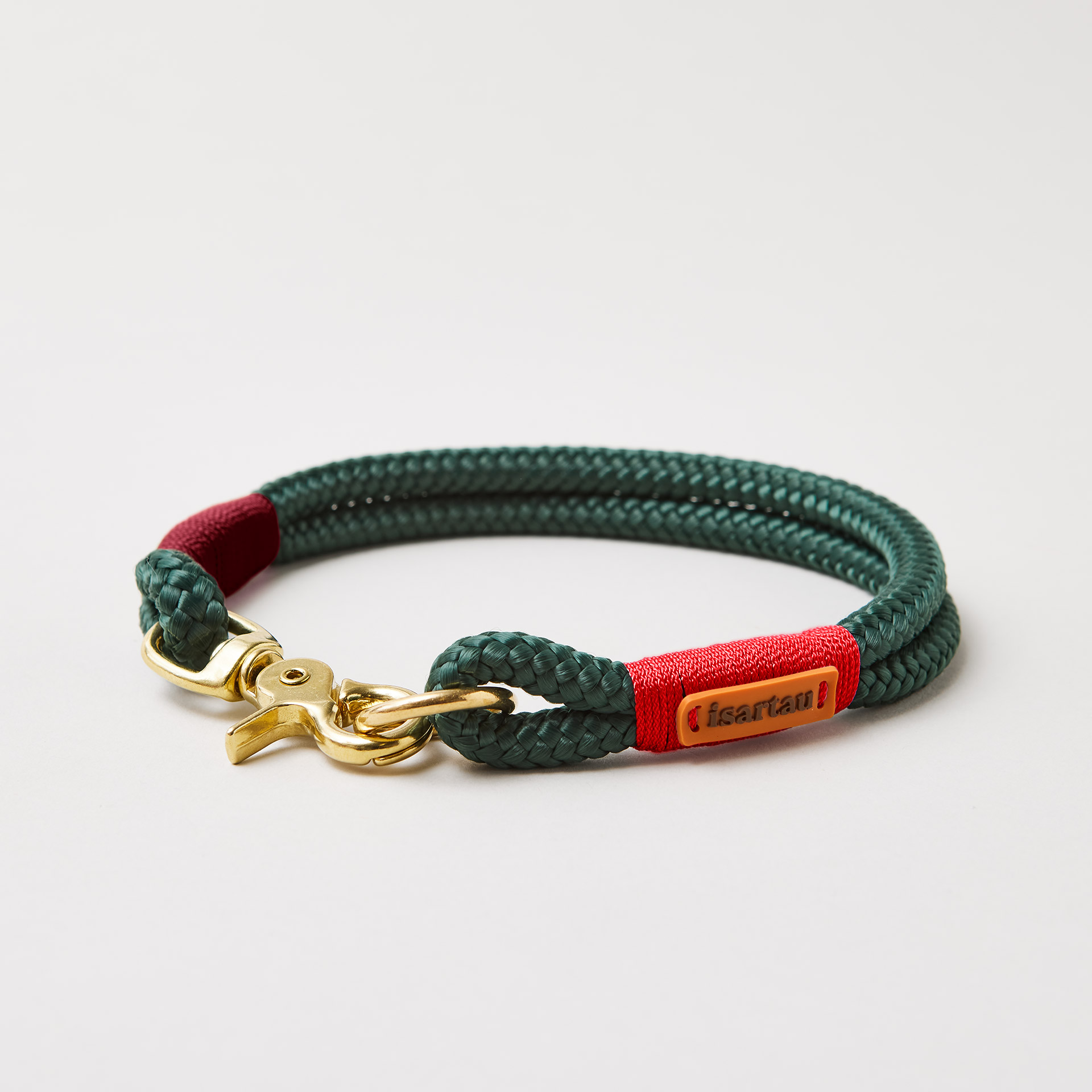 Hundehalsband aus Tau Evergreen Rot Burgunder 10 mm mit Messing-Beschlägen, dunkelgrünes Tau mit roter und burgunderfarbener Takelung