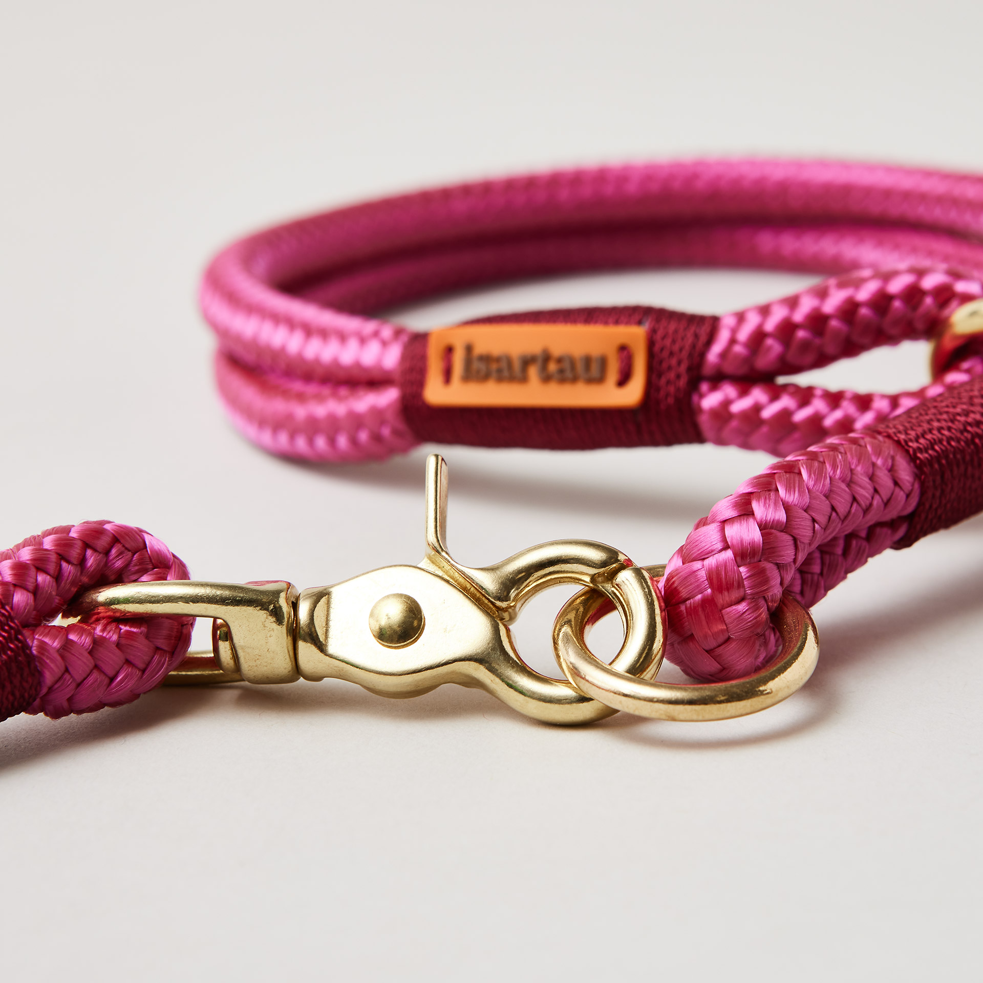 Halsband und Tauleine im Set, Farbe Viva Magenta Burgunder mit Messing-Beschlägen