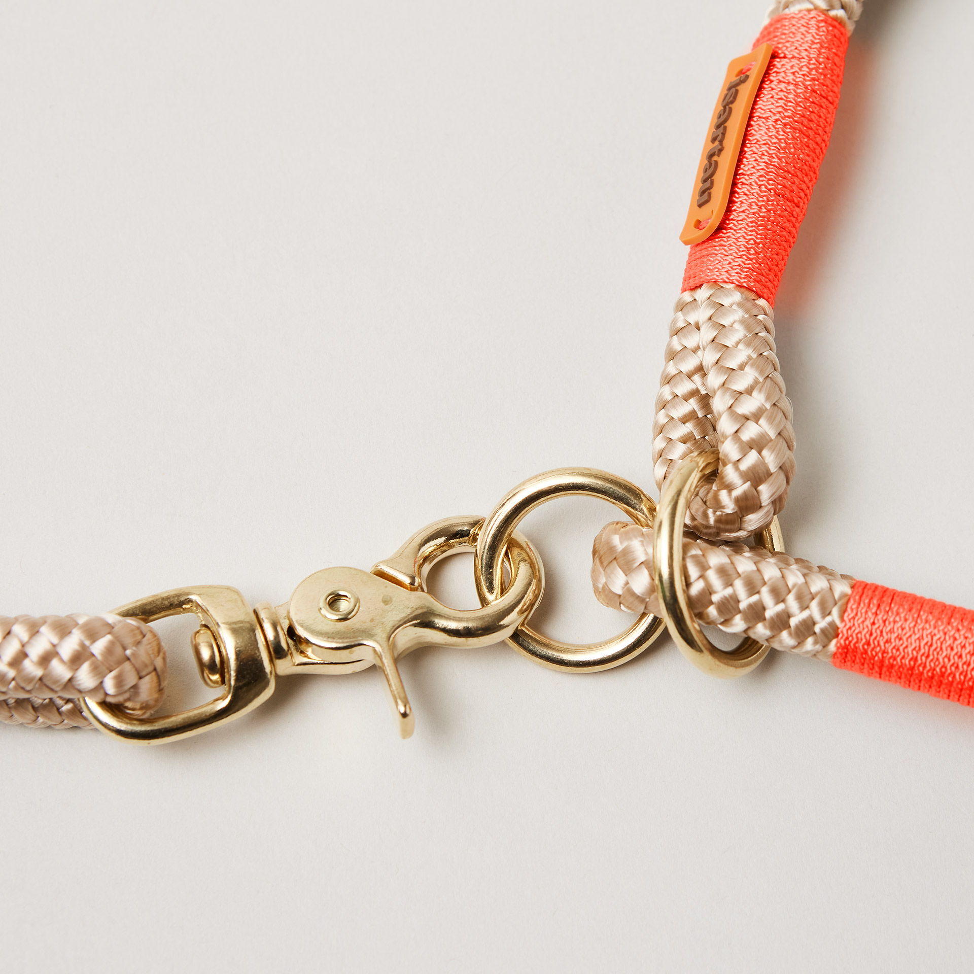 Detail Tauhalsband und Tauleine in der Farbe Wood Owl Neonorange mit Messing-Beschlägen, Beige und Neonorange