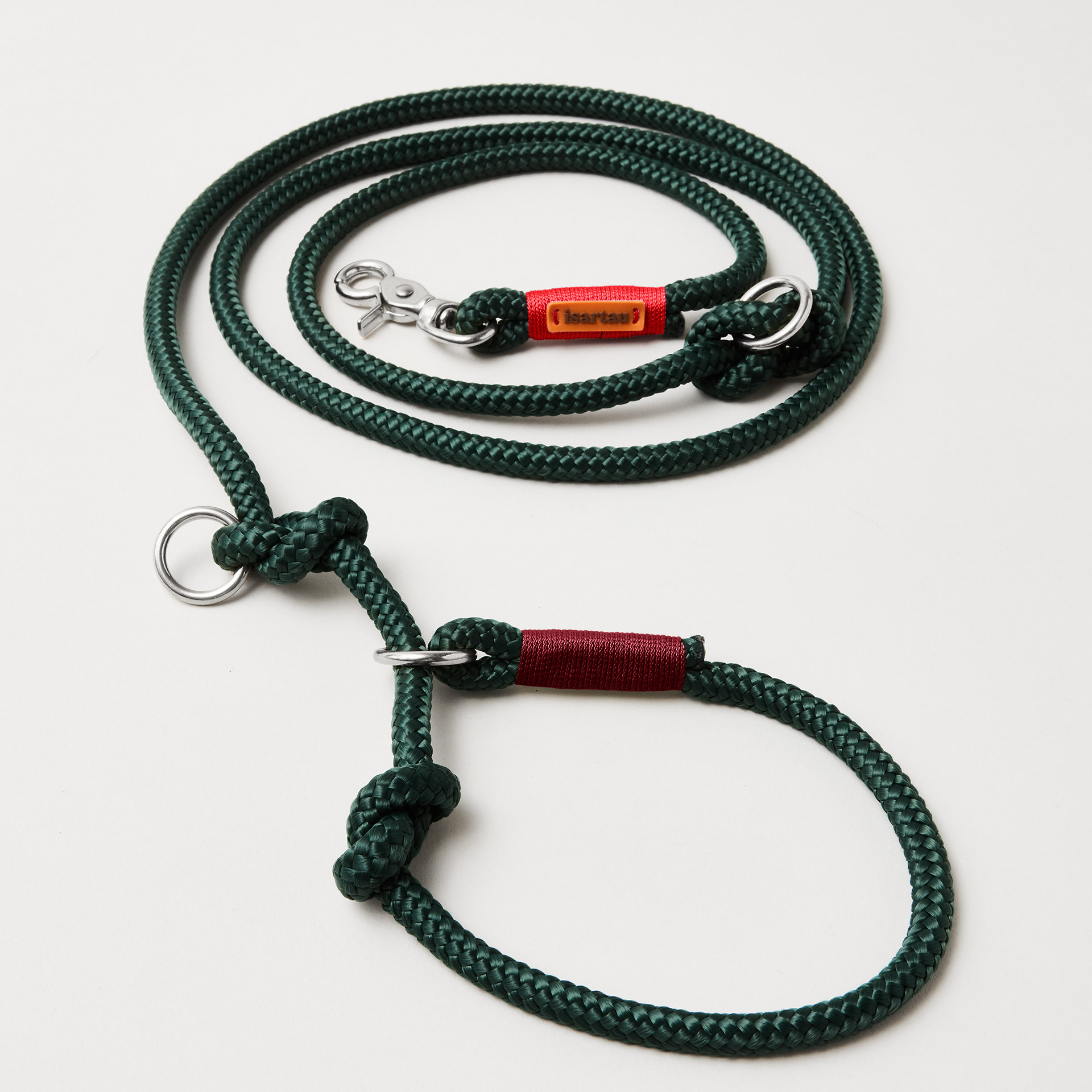 Retrieverleine aus Tau Evergreen Rot Burgunder, Halsung mit integrierter Leine, silberne Karabiner, 2-fach längenverstellbar, erhältlich in 8 und 10 mm
