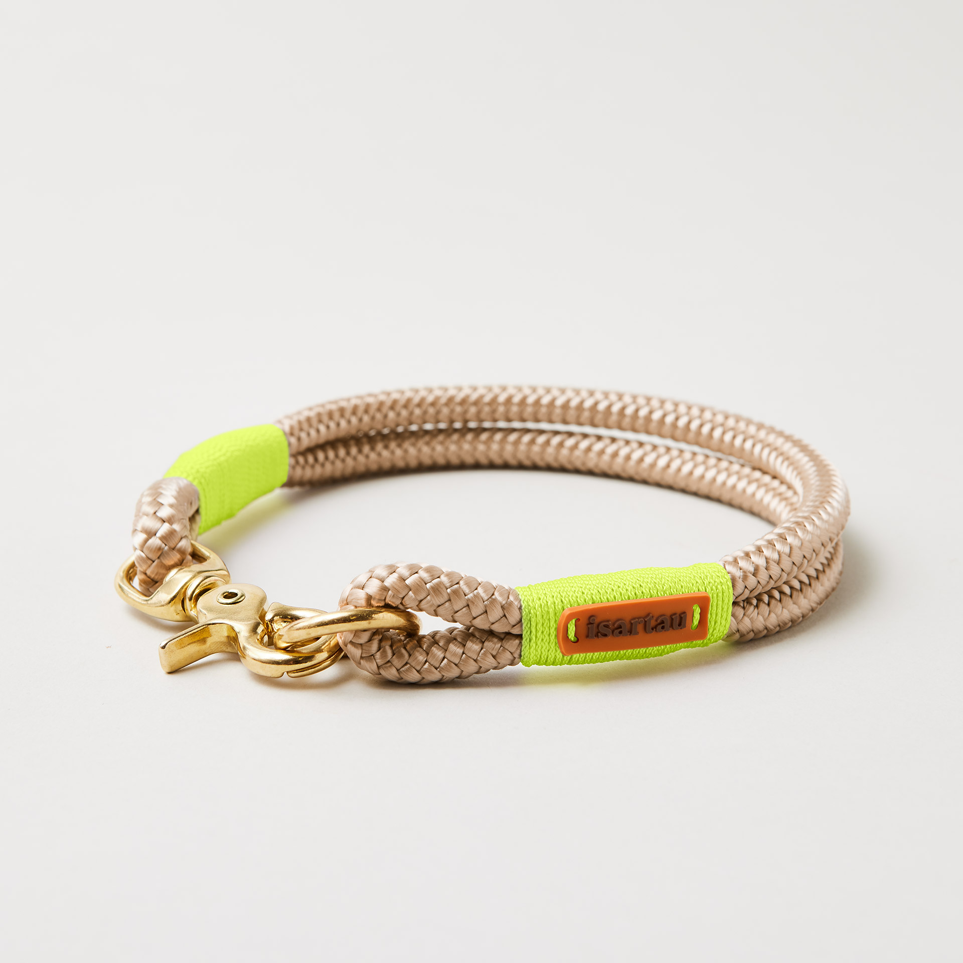 Hundehalsband Wood Owl Neongelb 10 mm mit Messing-Beschlägen, beiges Tau mit neongelber Takelung