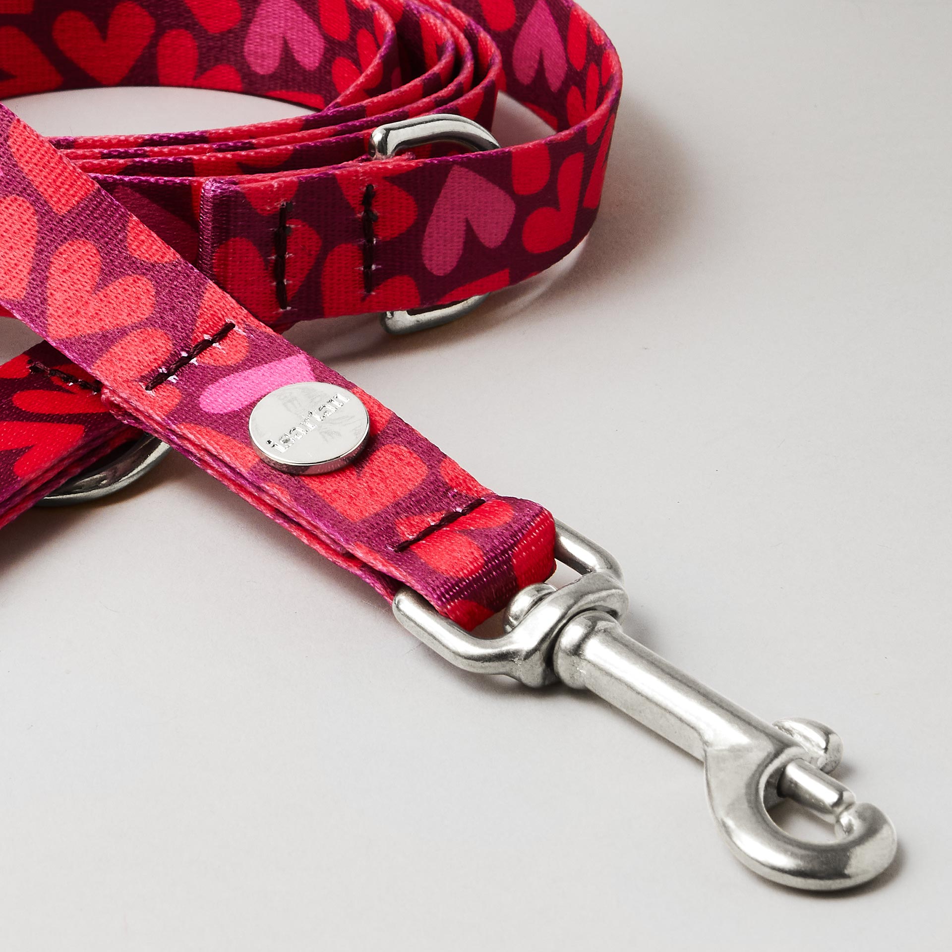 Detail verstellbare Hundeleine Herzklopfen 20mm breites Gurtband mit roten Herzen silberfarbener Karabiner
