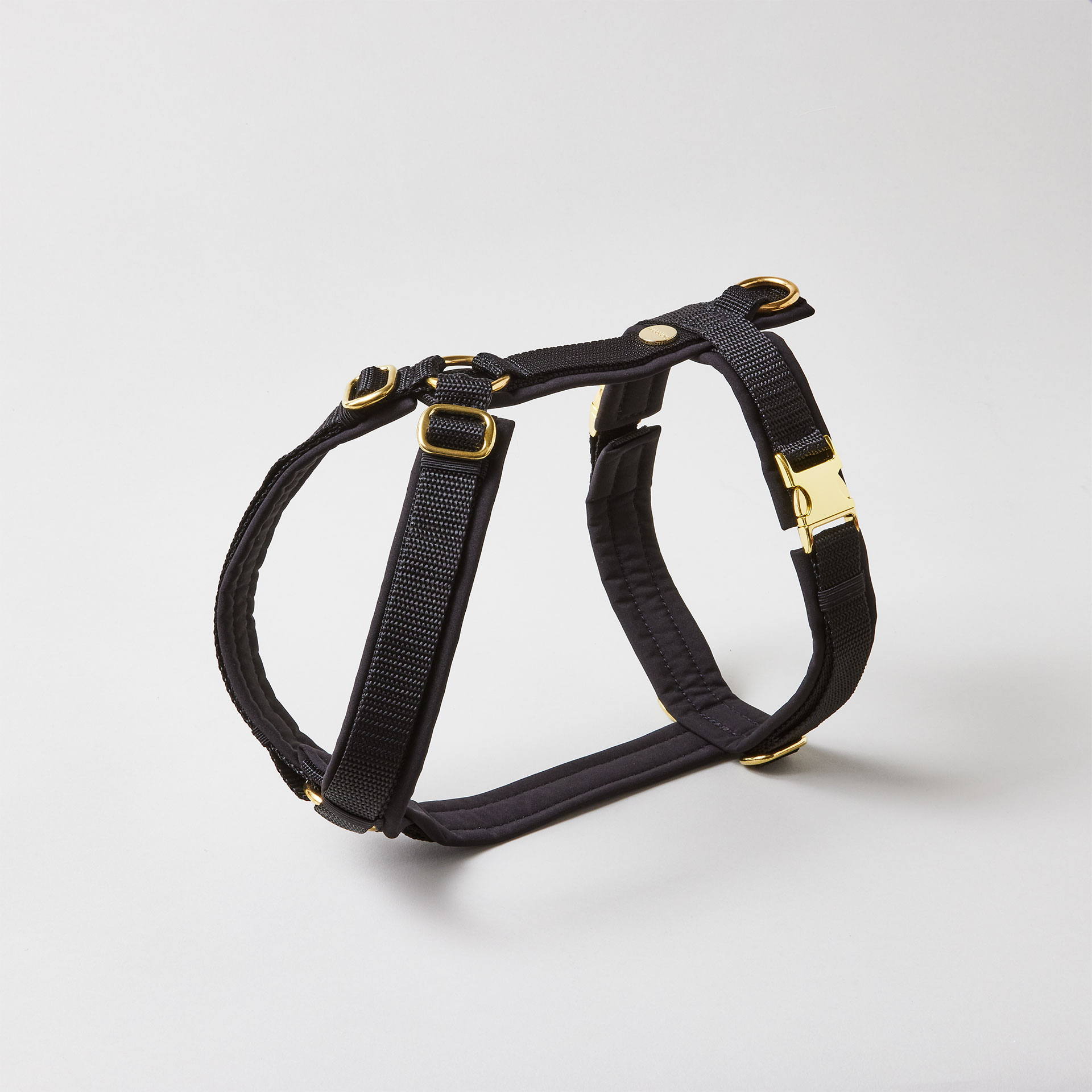 Verstellbares Hundegeschirr in Schwarz mit vollunterlegter Polsterung und goldfarbenen Beschlägen