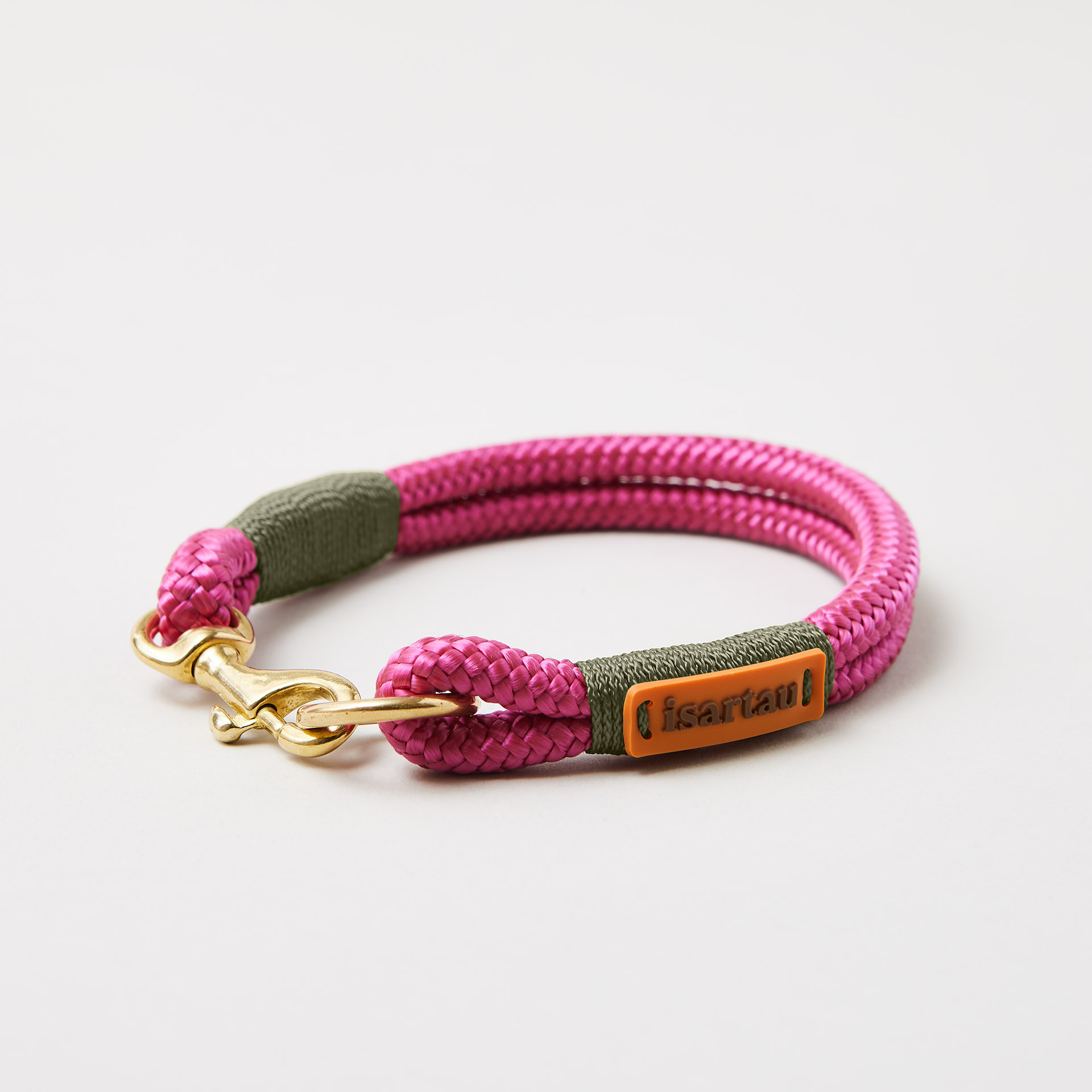 Tauhalsband Feste Halsung Viva Magenta OLIV 8 mm, Mini-Bolzenkarabiner, magentafarbenes Tau mit olivfarbener Takelung