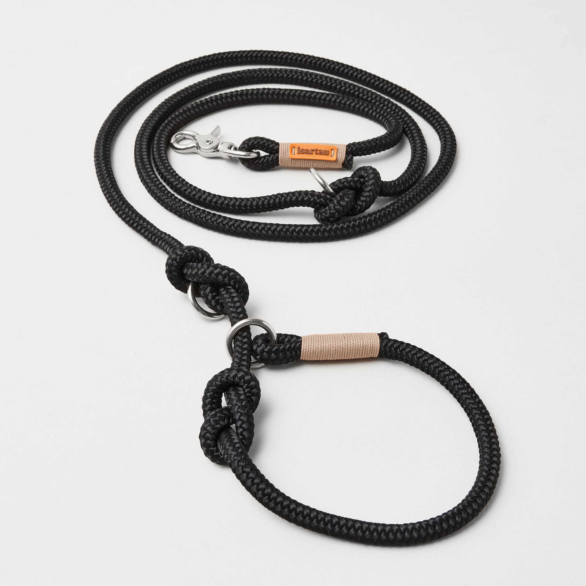 Retrieverleine aus Tau Black Mamba Beige, Halsung mit integrierter Leine, silberne Karabiner, 2-fach längenverstellbar, erhältlich in 8 und 10 mm