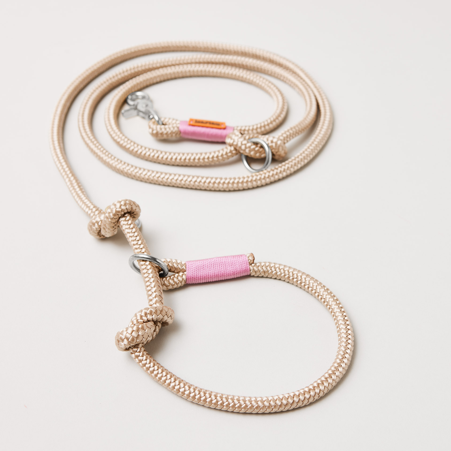 Tauretrieverleine Wood Owl Rose, Halsung mit integrierter Leine, silberne karabiner, 2-fach längenverstellbar, 10mm