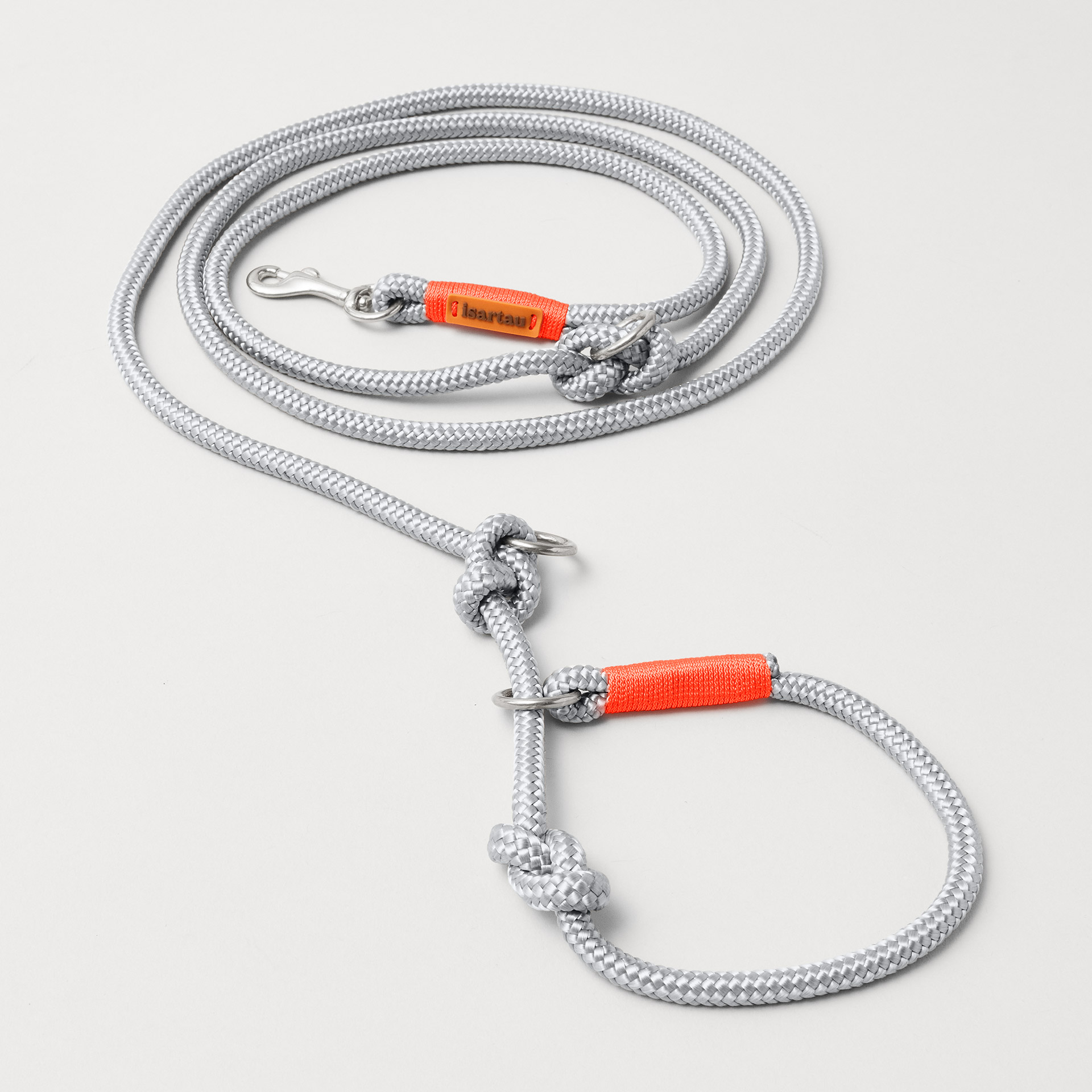 Retrieverleine Pebble Stone Neonorange mit verstellbaren Knoten für Hals- und Kopfumfang, silberne Karabiner